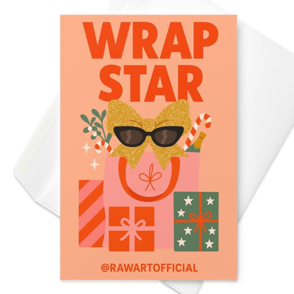 Funny Christmas card with “Wrap Star” text, glitter bow sunglasses, and wrapped gifts design.