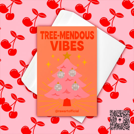 Retro pink Christmas card with disco-ball ornaments and “Tree-Mendous Vibes” text.