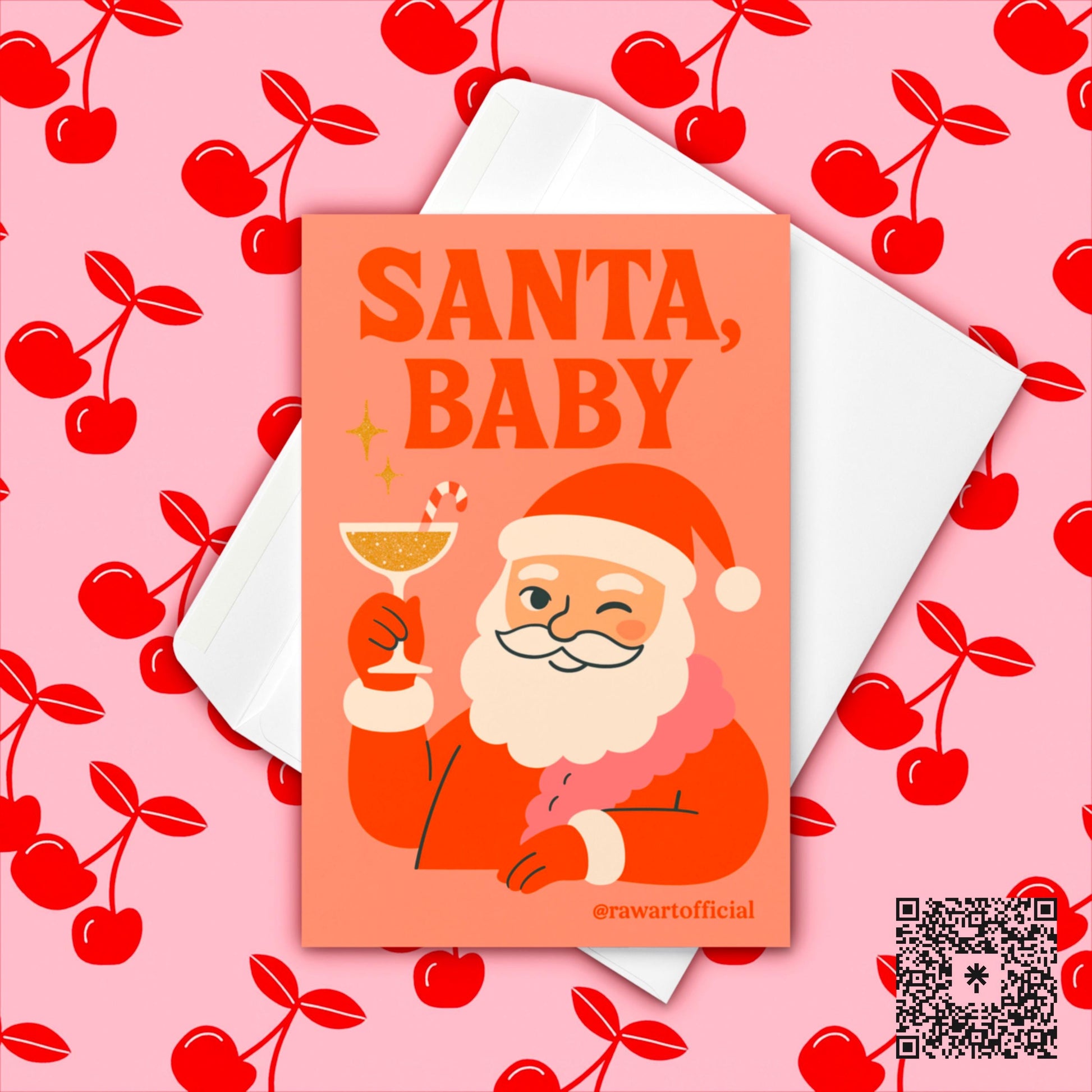 Retro Santa winks and raises a cocktail with a candy cane under “Santa, Baby” on a coral background with sparkles; funny holiday card.