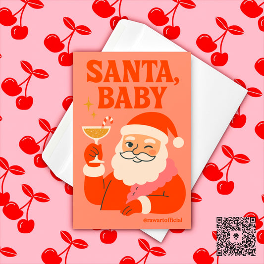 Retro Santa winks and raises a cocktail with a candy cane under “Santa, Baby” on a coral background with sparkles; funny holiday card.