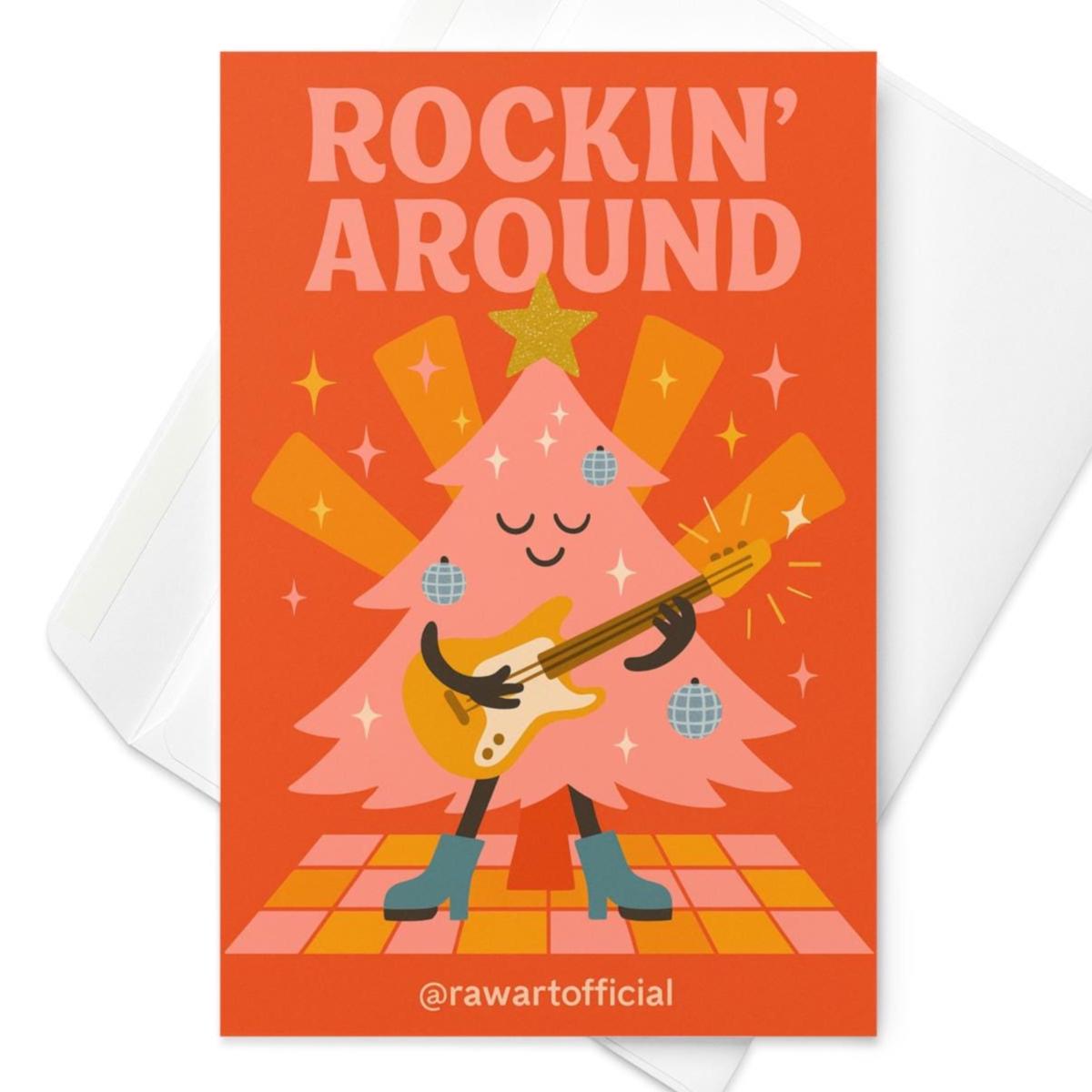 Retro Christmas card with pink disco ball tree playing guitar and text &quot;Rockin’ Around&quot; in bold letters.