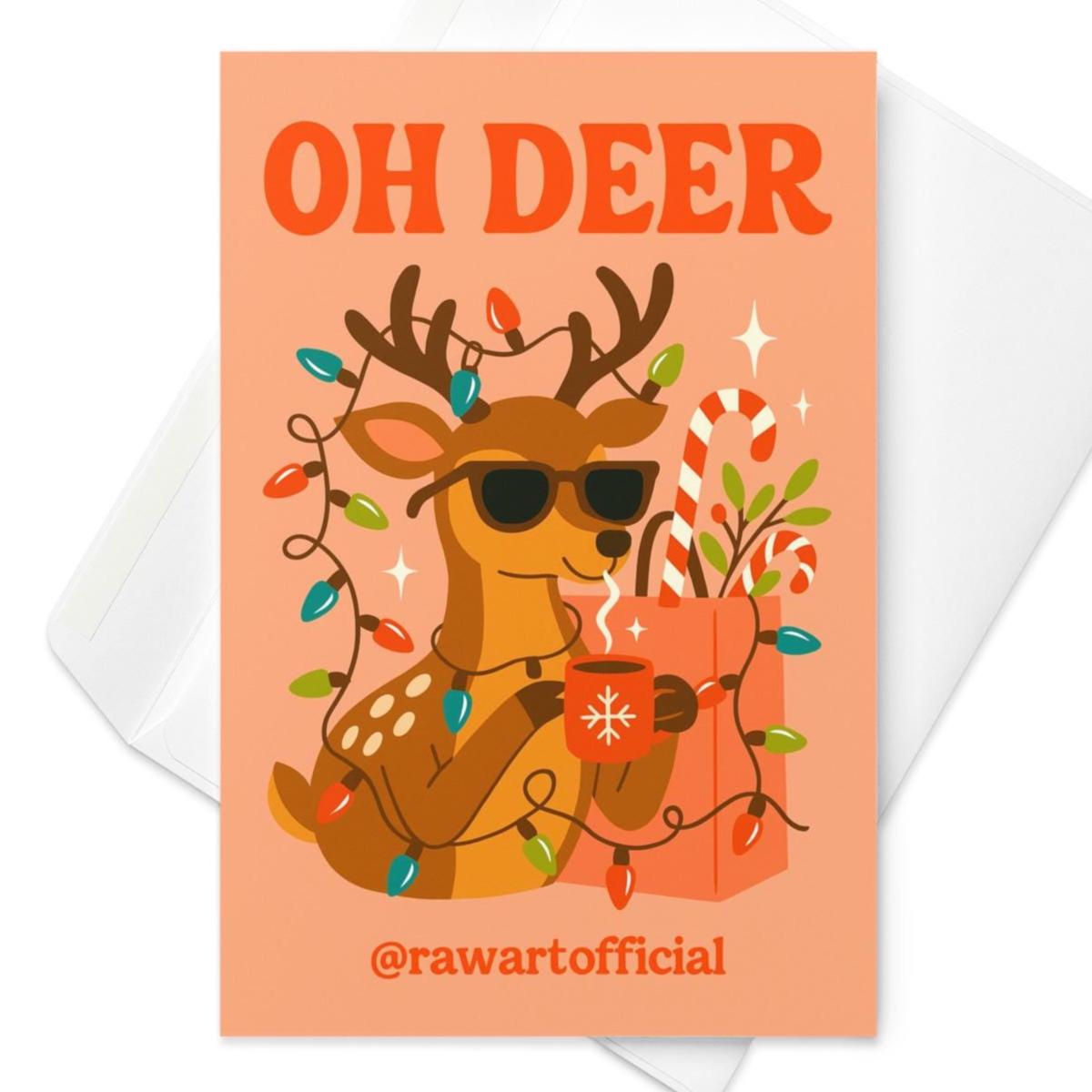 Retro reindeer Christmas card with sunglasses, tangled lights, cocoa, and candy canes, text reads "Oh Deer."