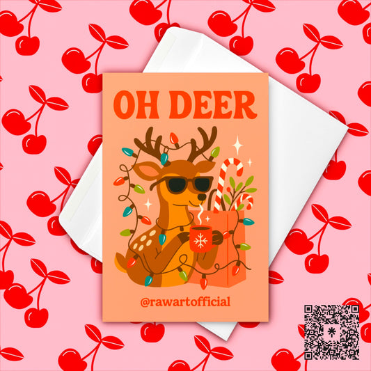 Retro reindeer Christmas card with sunglasses, tangled lights, cocoa, and candy canes, text reads "Oh Deer."