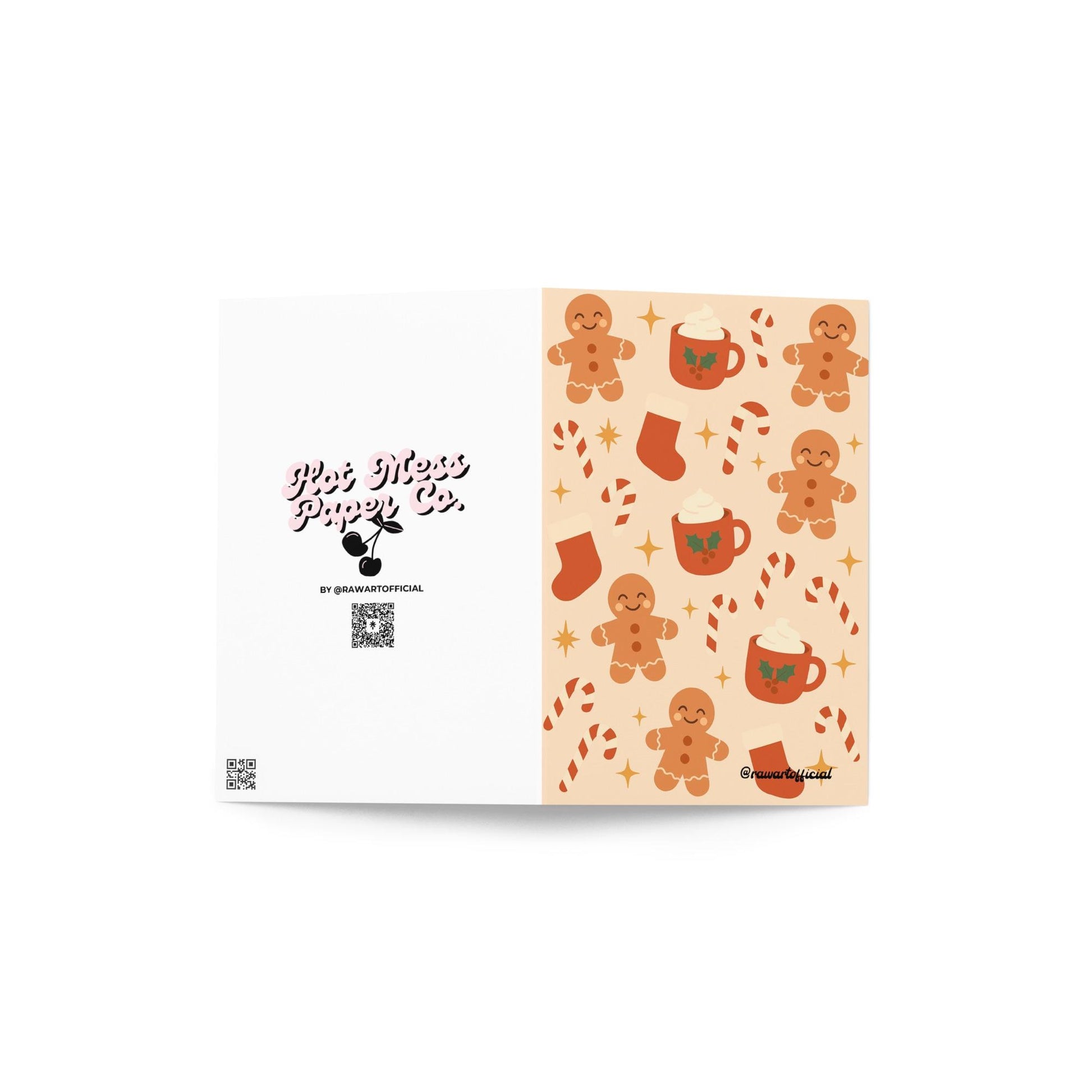 Retro gingerbread Christmas card with cookies, candy canes, stockings, and cocoa mugs on beige background.