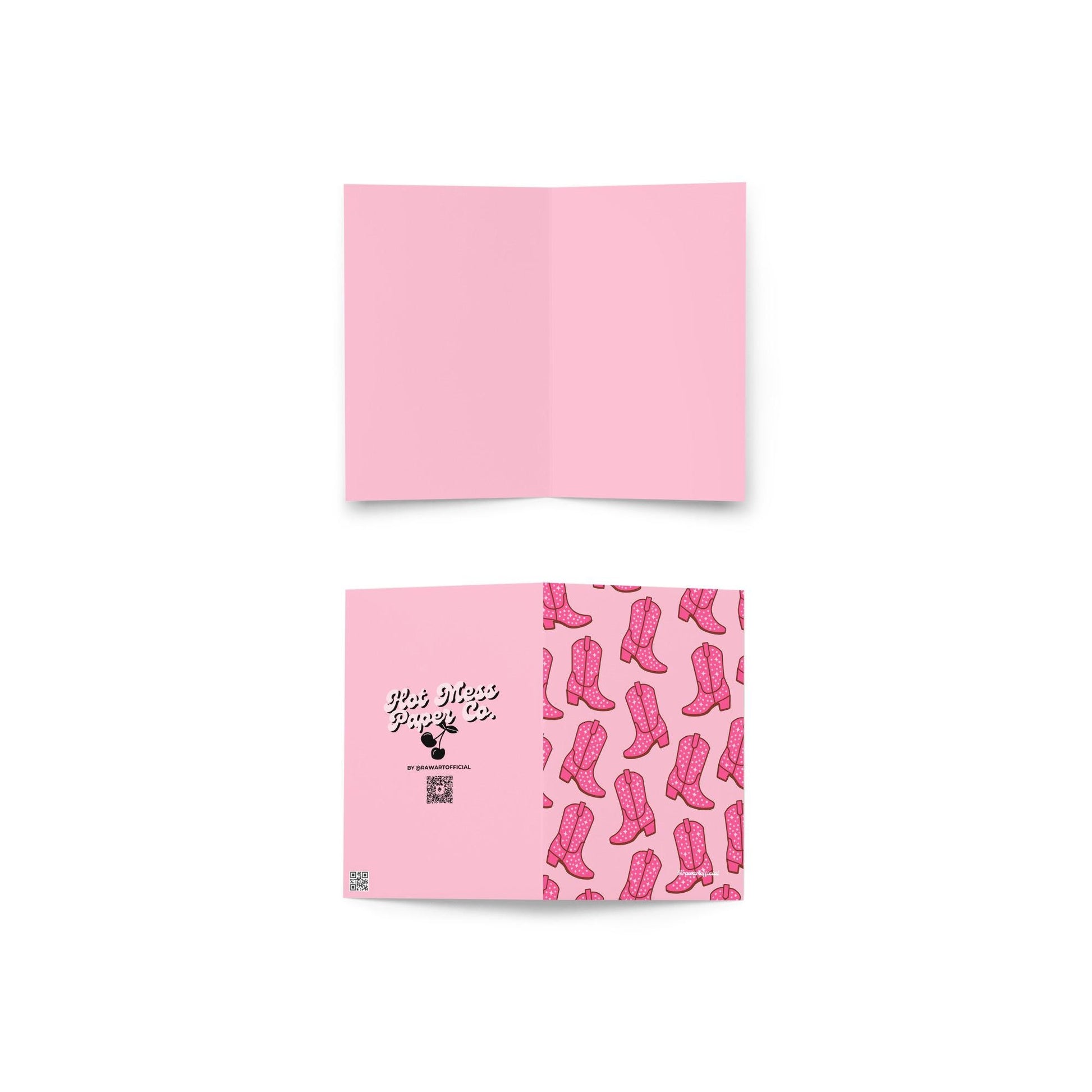 Retro pink cowgirl boot greeting card with sparkly Y2K western design.