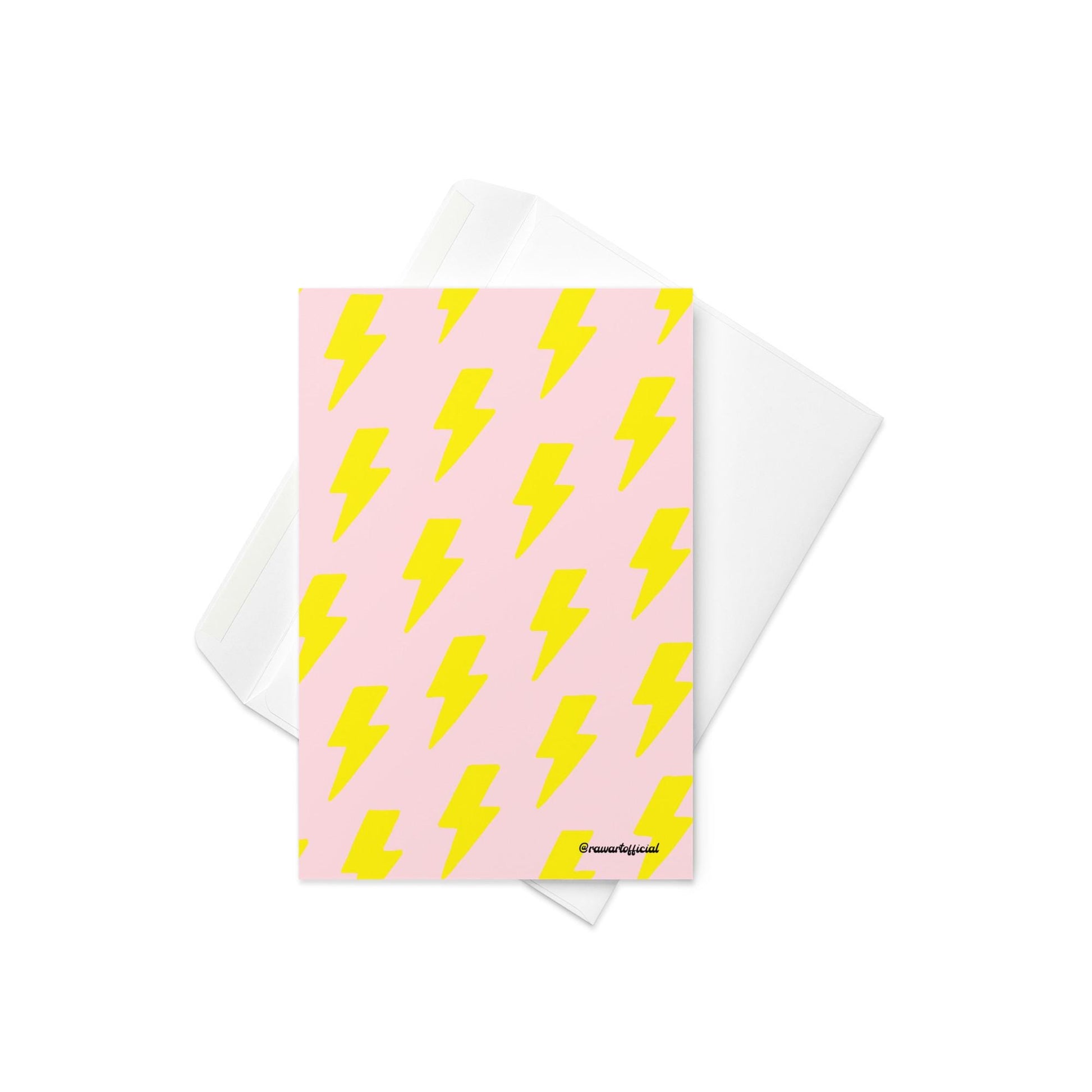 Pink greeting card with repeating yellow lightning bolt pattern in bold Y2K retro style.