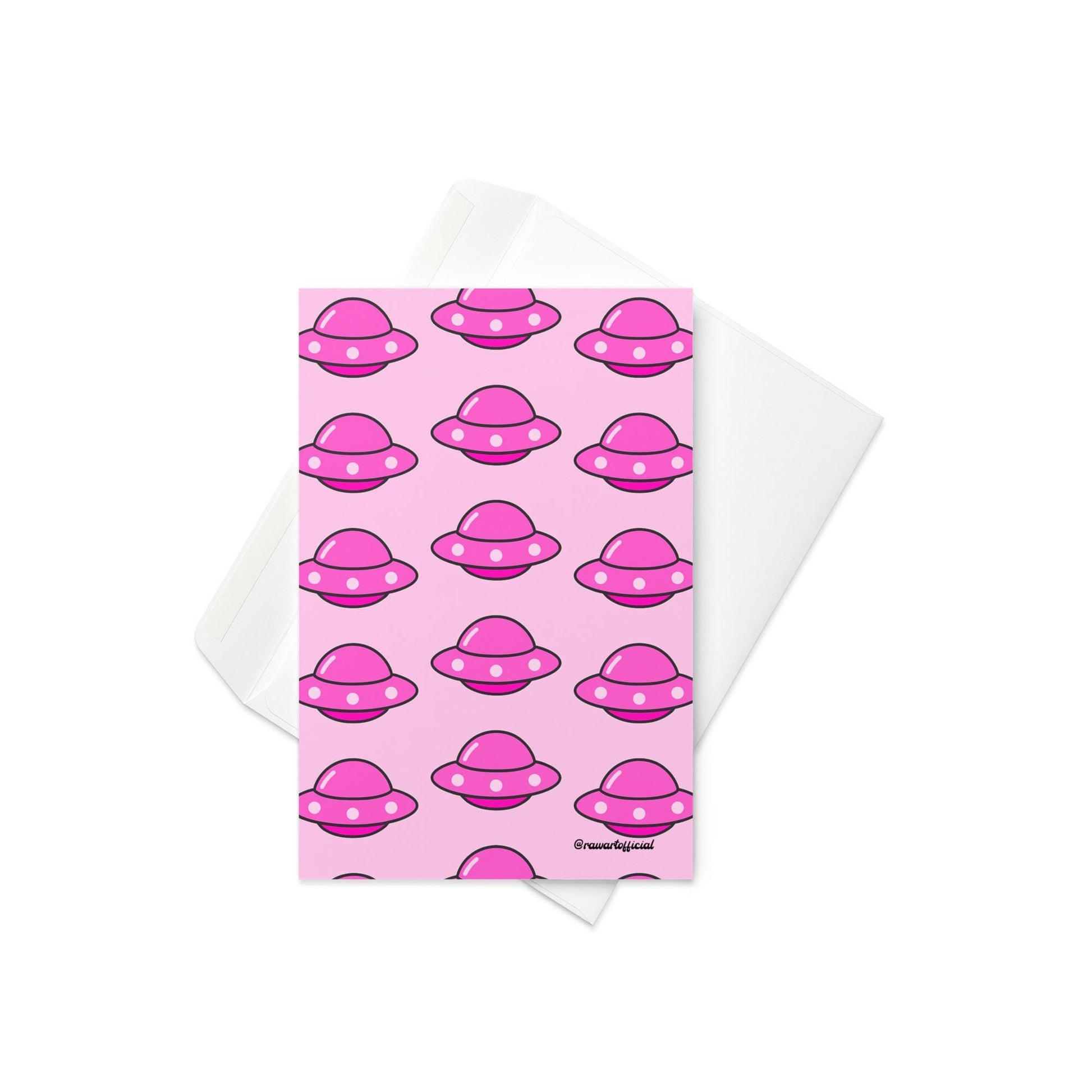 Pink greeting card with repeating bright pink UFO spaceship pattern in Y2K pop-art style.
