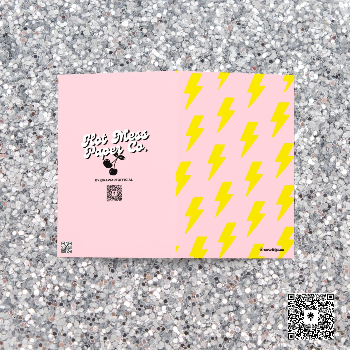 Pink greeting card with repeating yellow lightning bolt pattern in bold Y2K retro style.