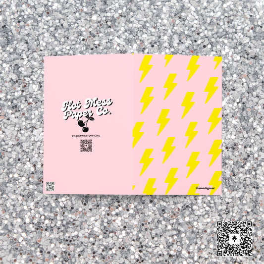 Pink greeting card with repeating yellow lightning bolt pattern in bold Y2K retro style.