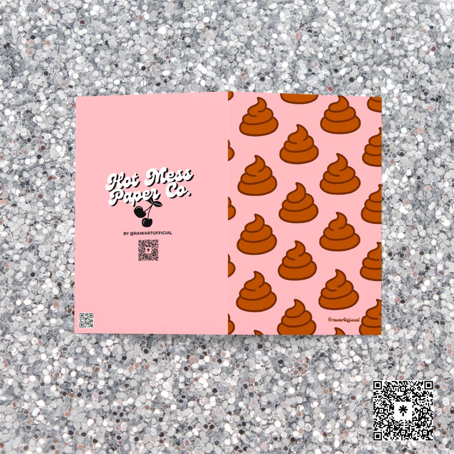 Funny poop emoji greeting card with quirky hot mess pattern design.