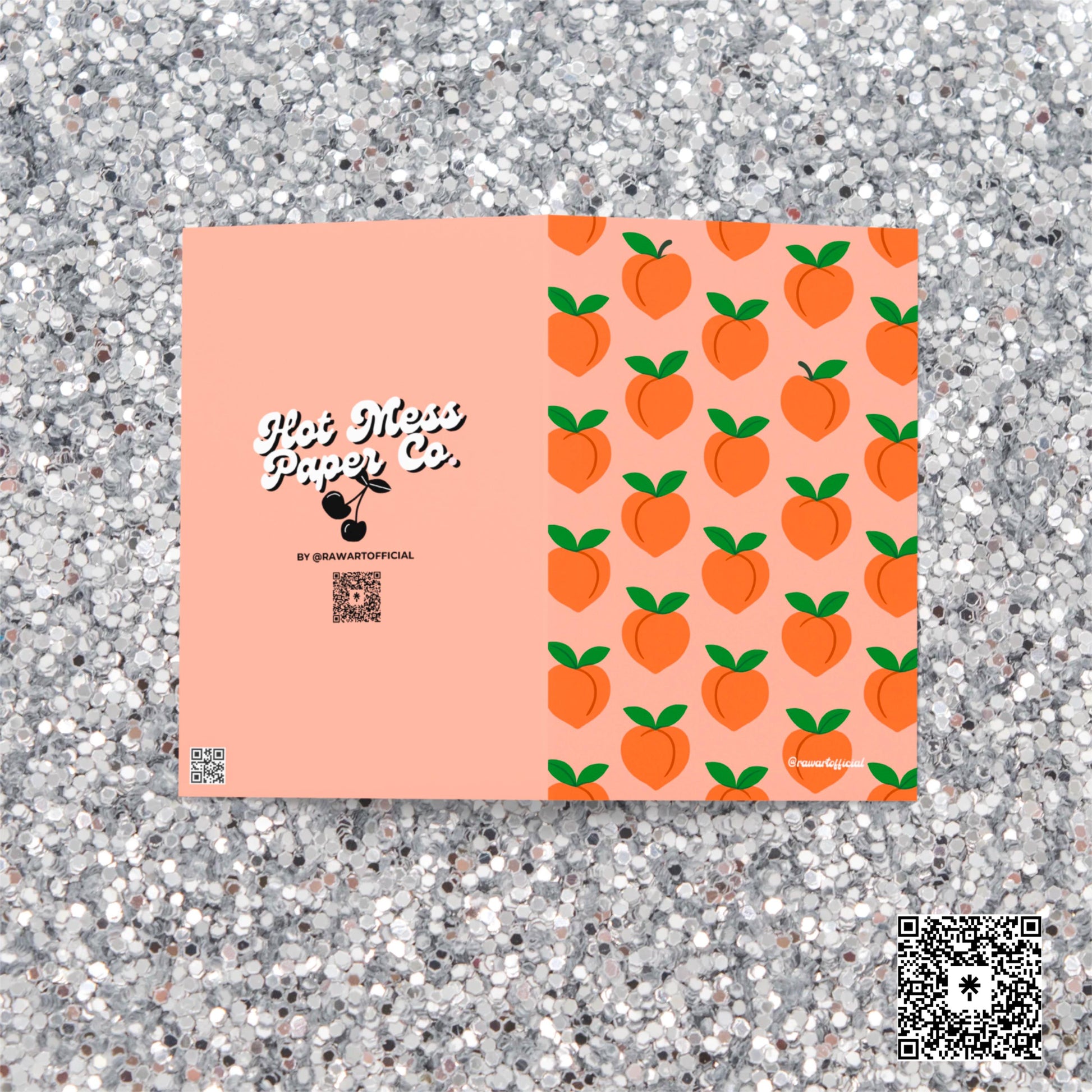 Retro peach greeting card with bold fruit pattern, playful Y2K vibes