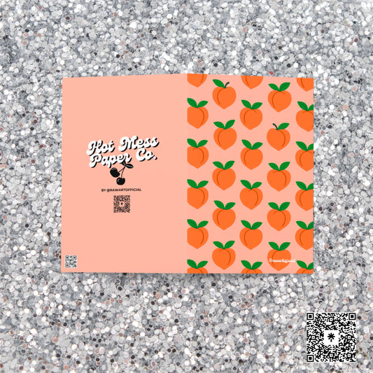 Retro peach greeting card with bold fruit pattern, playful Y2K vibes