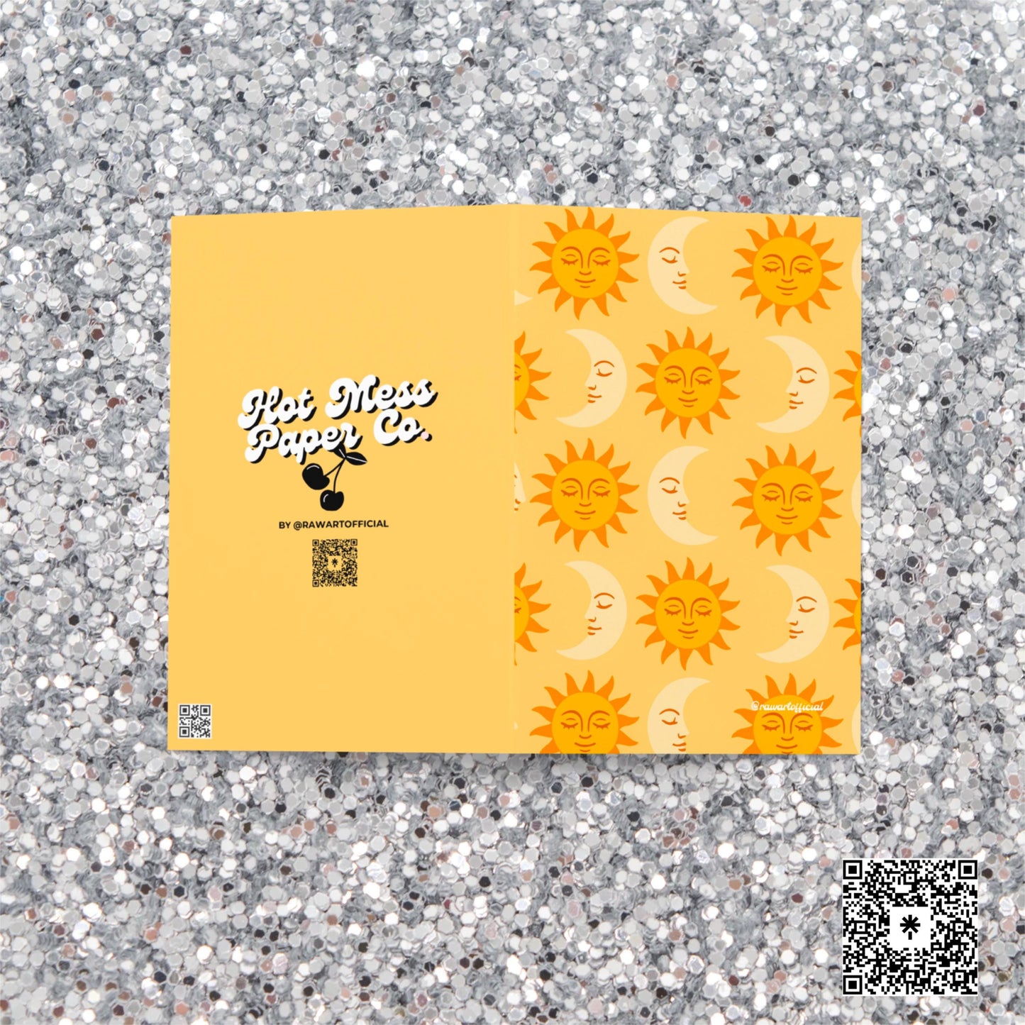 Golden yellow greeting card with repeating orange sun and cream moon pattern in retro celestial style.