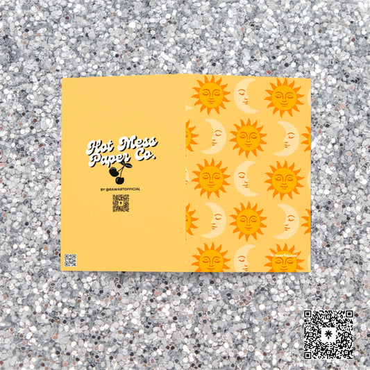 Golden yellow greeting card with repeating orange sun and cream moon pattern in retro celestial style.