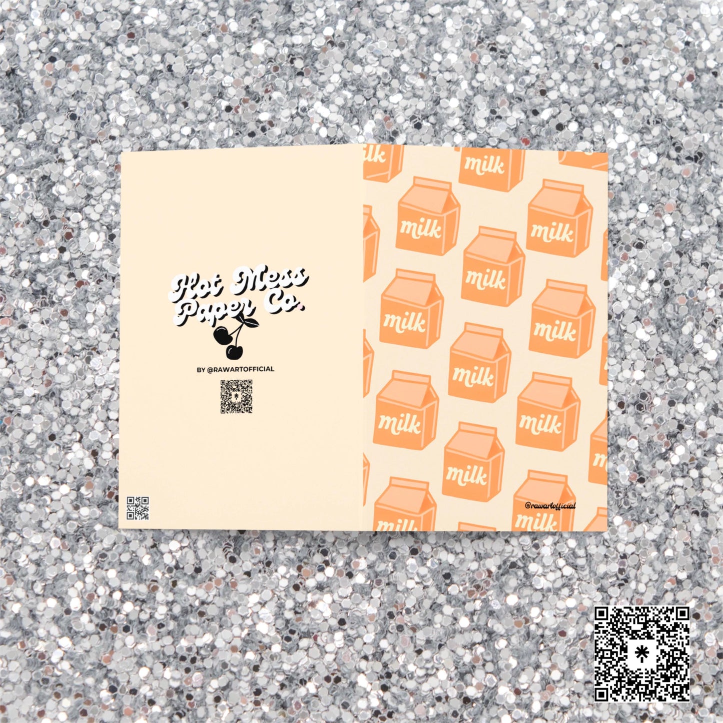 Retro orange milk carton pattern on a cream background with minimalist Y2K aesthetic.