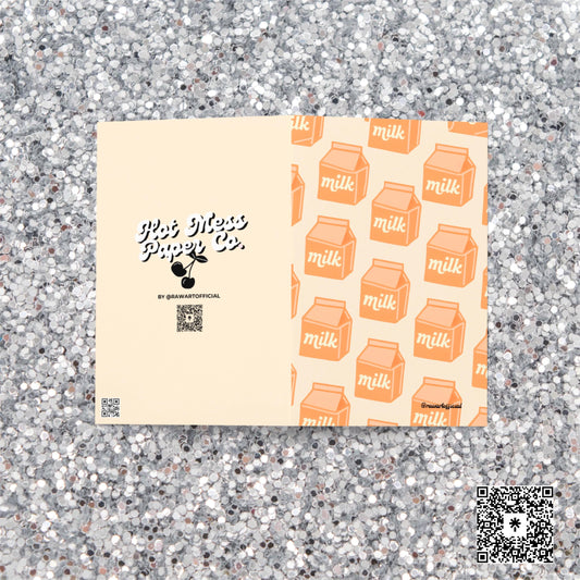 Retro orange milk carton pattern on a cream background with minimalist Y2K aesthetic.