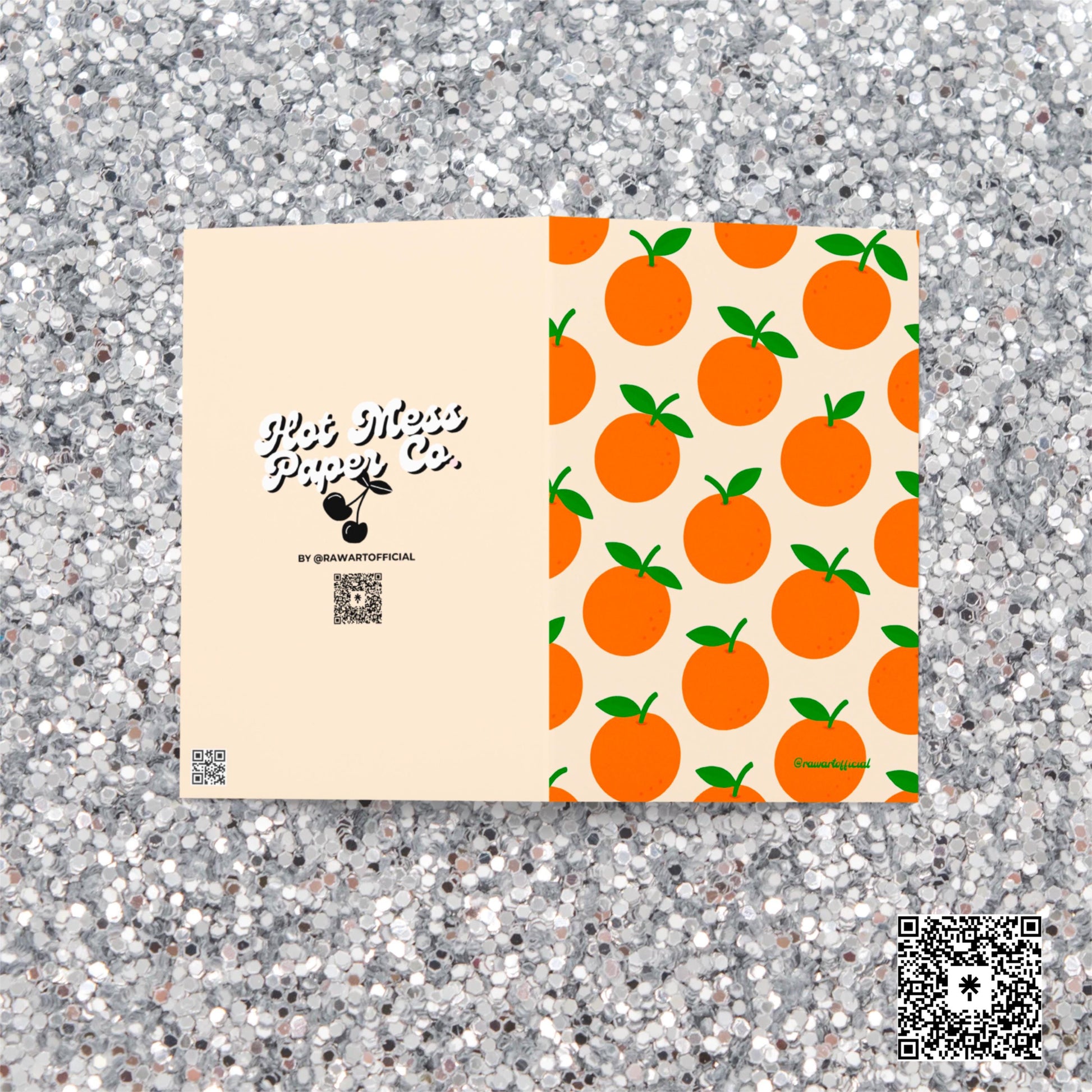 Retro orange fruit greeting card with bold citrus pattern, fun foodie stationery gift