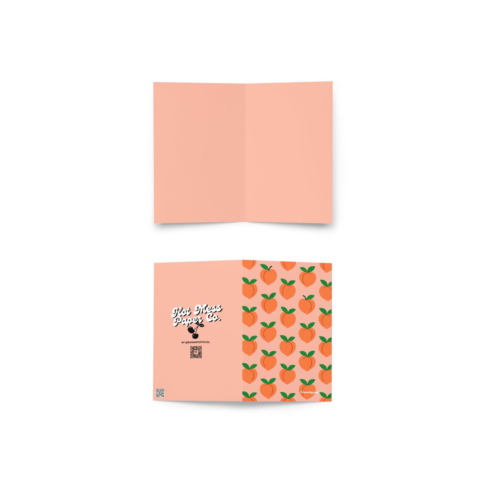 Retro peach greeting card with bold fruit pattern, playful Y2K vibes