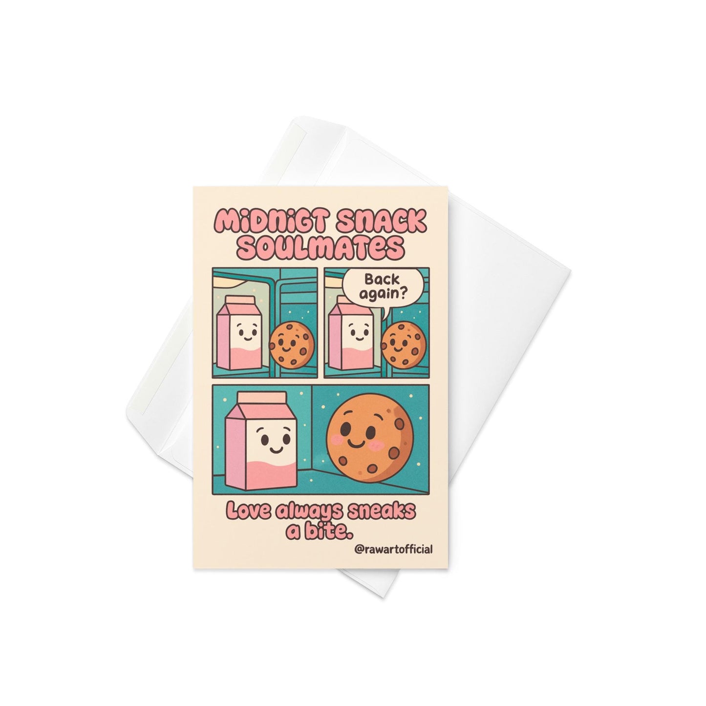 Retro comic-style card featuring a smiling pink milk carton and cookie with text “Midnight Snack Soulmates” and “Love always sneaks a bite.”