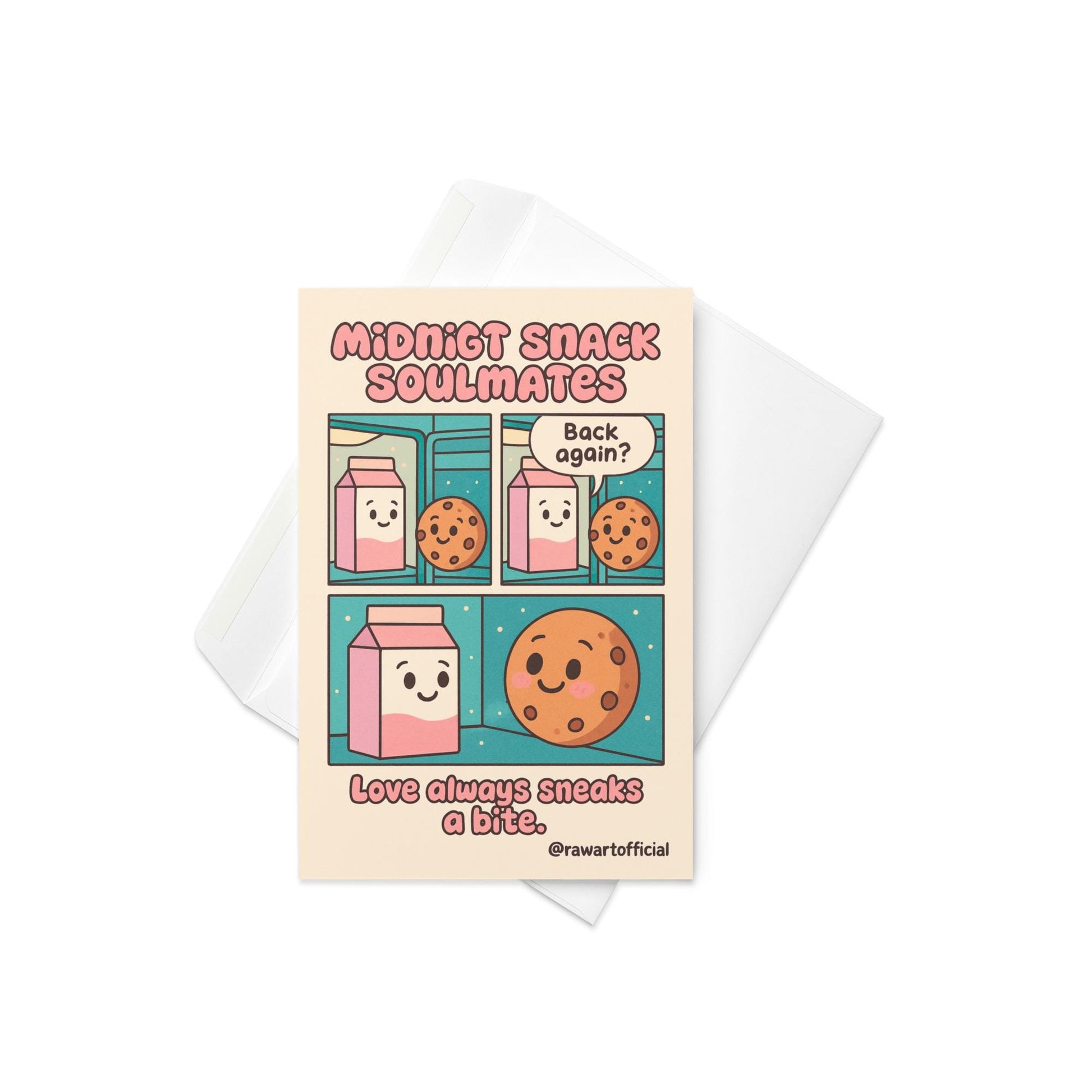 Retro comic-style card featuring a smiling pink milk carton and cookie with text “Midnight Snack Soulmates” and “Love always sneaks a bite.”