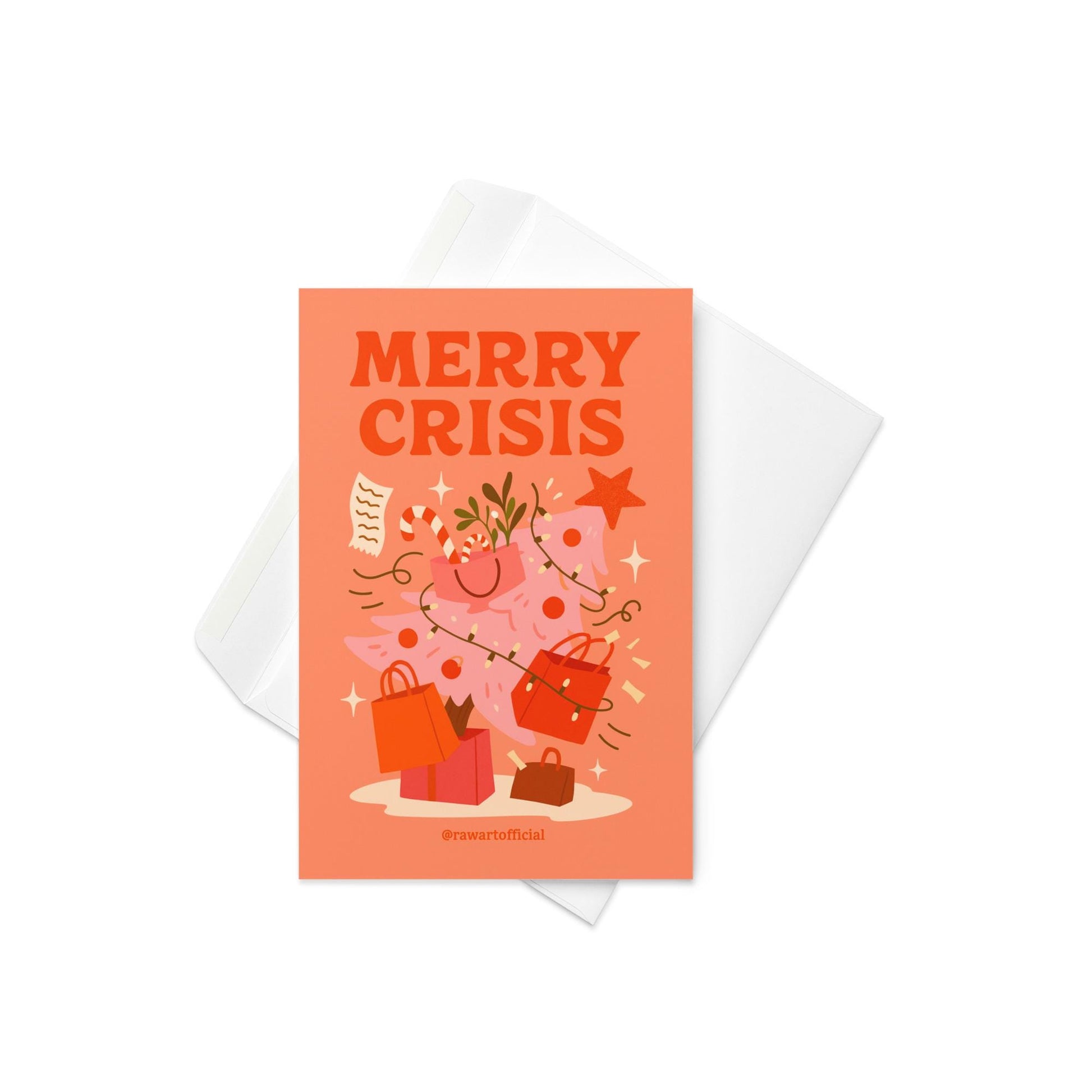 Peach-toned Christmas card featuring a pink holiday tree covered in shopping bags, candy canes, and receipts with the phrase “Merry Crisis” in bold red text at the top.