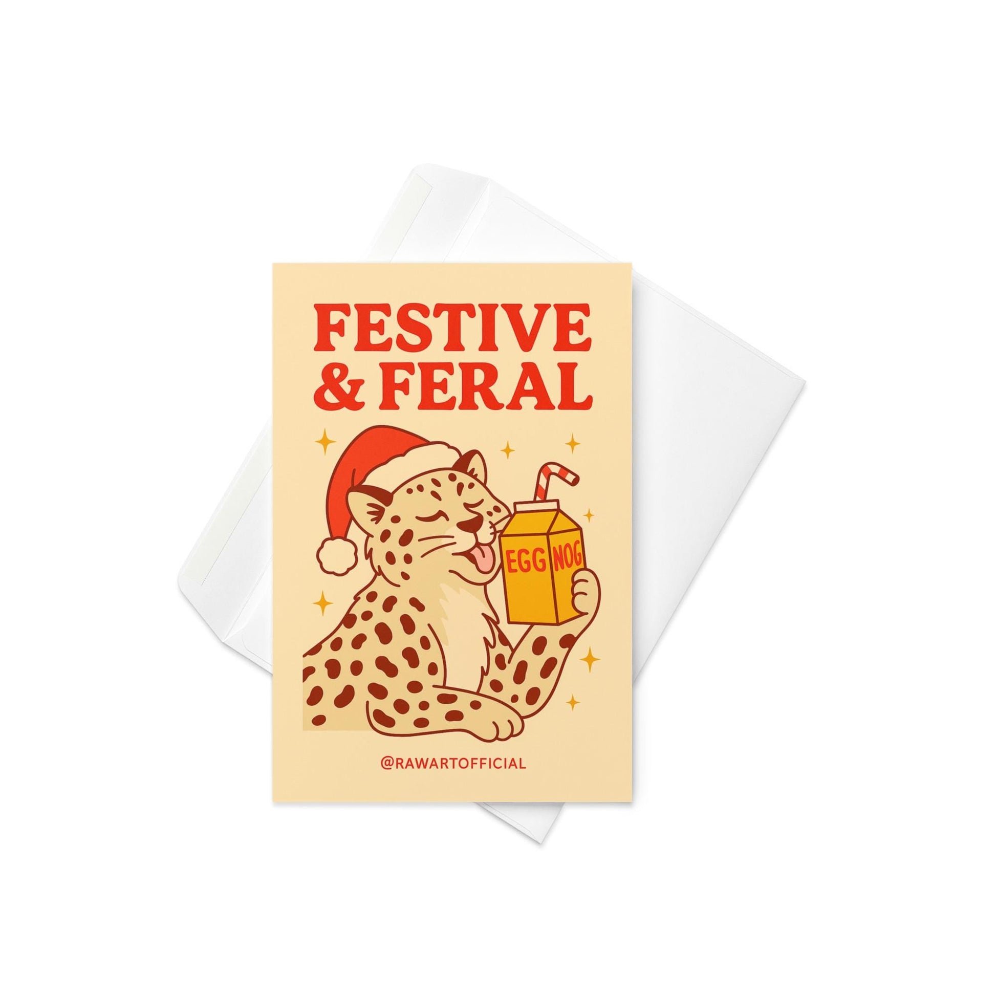 Retro Christmas card featuring a smiling leopard in a Santa hat drinking eggnog from a carton with a red straw on a warm beige background, surrounded by golden stars.
