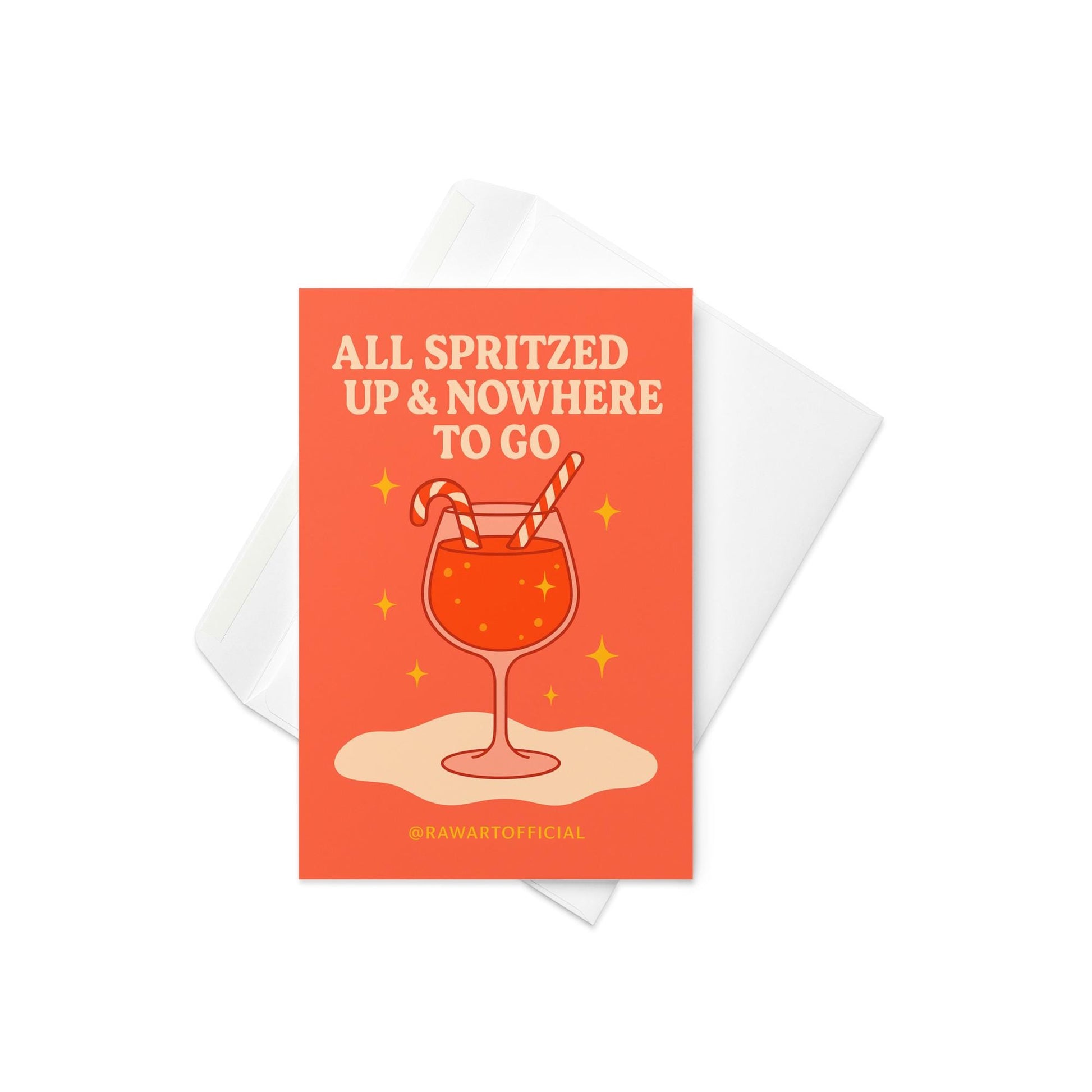Retro orange Christmas card featuring a glass of spritz with two candy cane straws and sparkly golden stars, with the phrase “All Spritzed Up & Nowhere to Go” in cream-colored text.