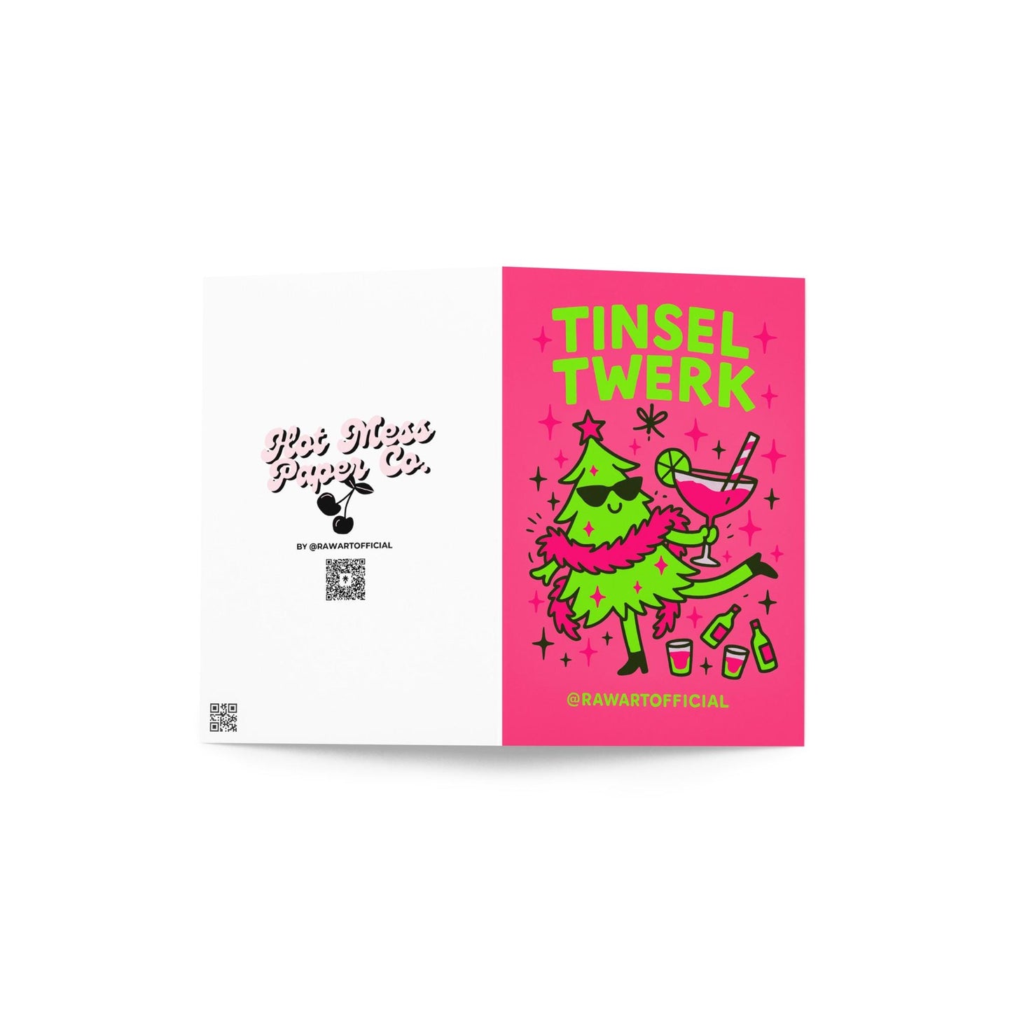 Illustration of a neon green Christmas tree wearing sunglasses and a pink boa, holding a margarita and dancing with bottles around — festive funny holiday card.