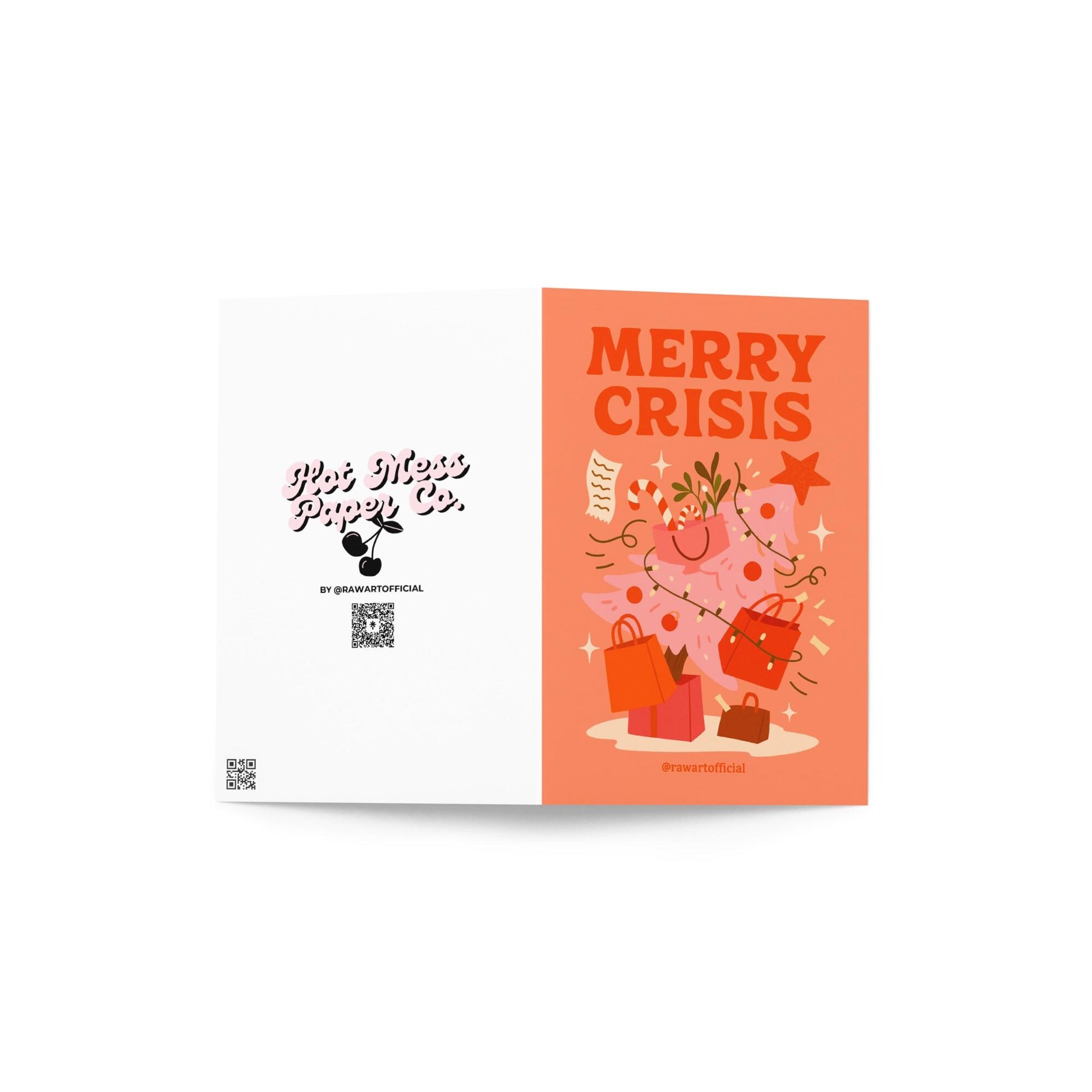 Peach-toned Christmas card featuring a pink holiday tree covered in shopping bags, candy canes, and receipts with the phrase “Merry Crisis” in bold red text at the top.