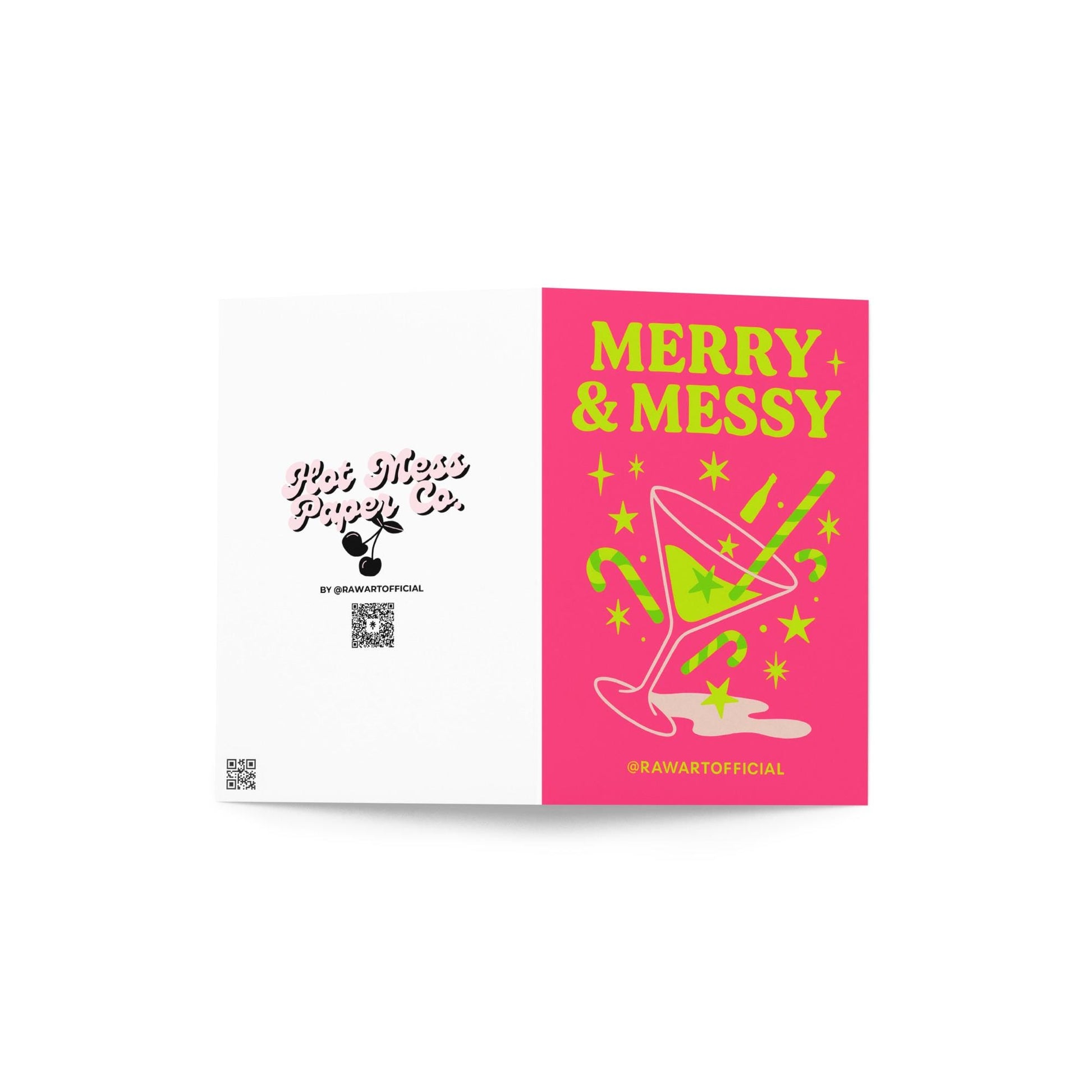 Neon Christmas card with a lime green martini glass tipped over on a hot pink background, surrounded by candy canes, stars, and a small bottle, with the words “Merry & Messy” in bright yellow-green text.
