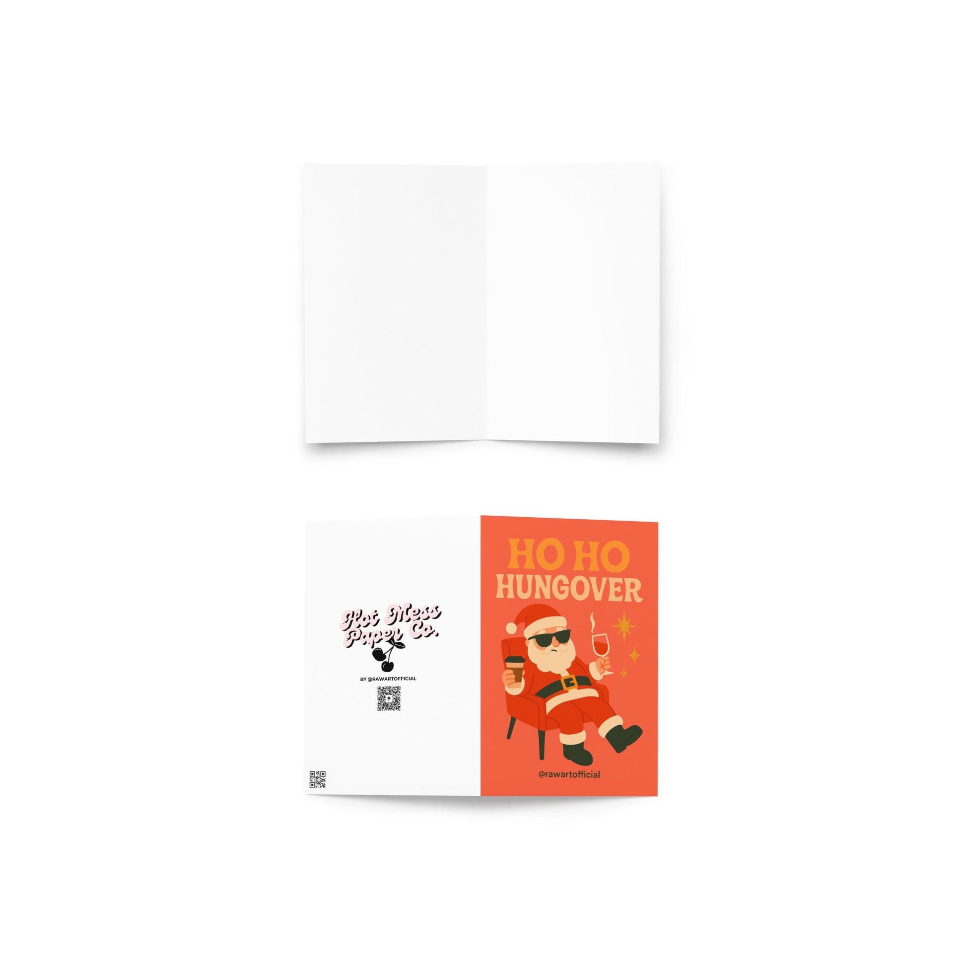 Retro Christmas card with a cool Santa wearing sunglasses, holding coffee and wine while relaxing in a red chair, with text reading “Ho Ho Hungover” on an orange background.