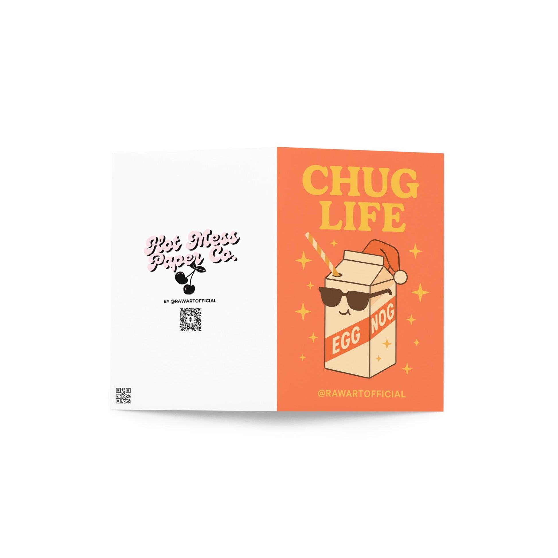 Retro orange Christmas card featuring a smiling eggnog carton wearing sunglasses and a Santa hat with the phrase “Chug Life” in bold yellow text, surrounded by sparkly gold stars.