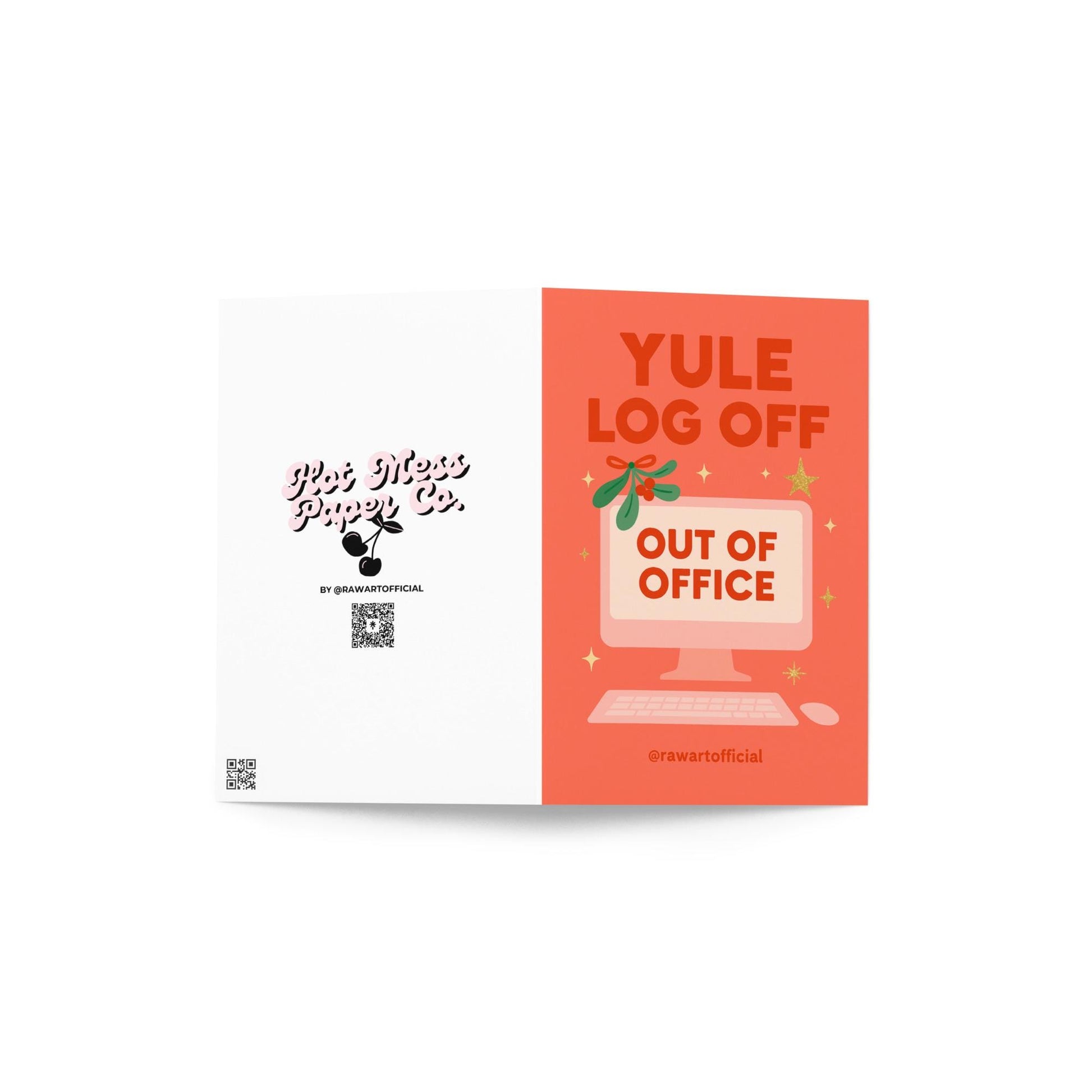 Retro coral-colored Christmas card featuring a computer with “Out of Office” on the screen, mistletoe on top, and the text “Yule Log Off” in bold red letters.