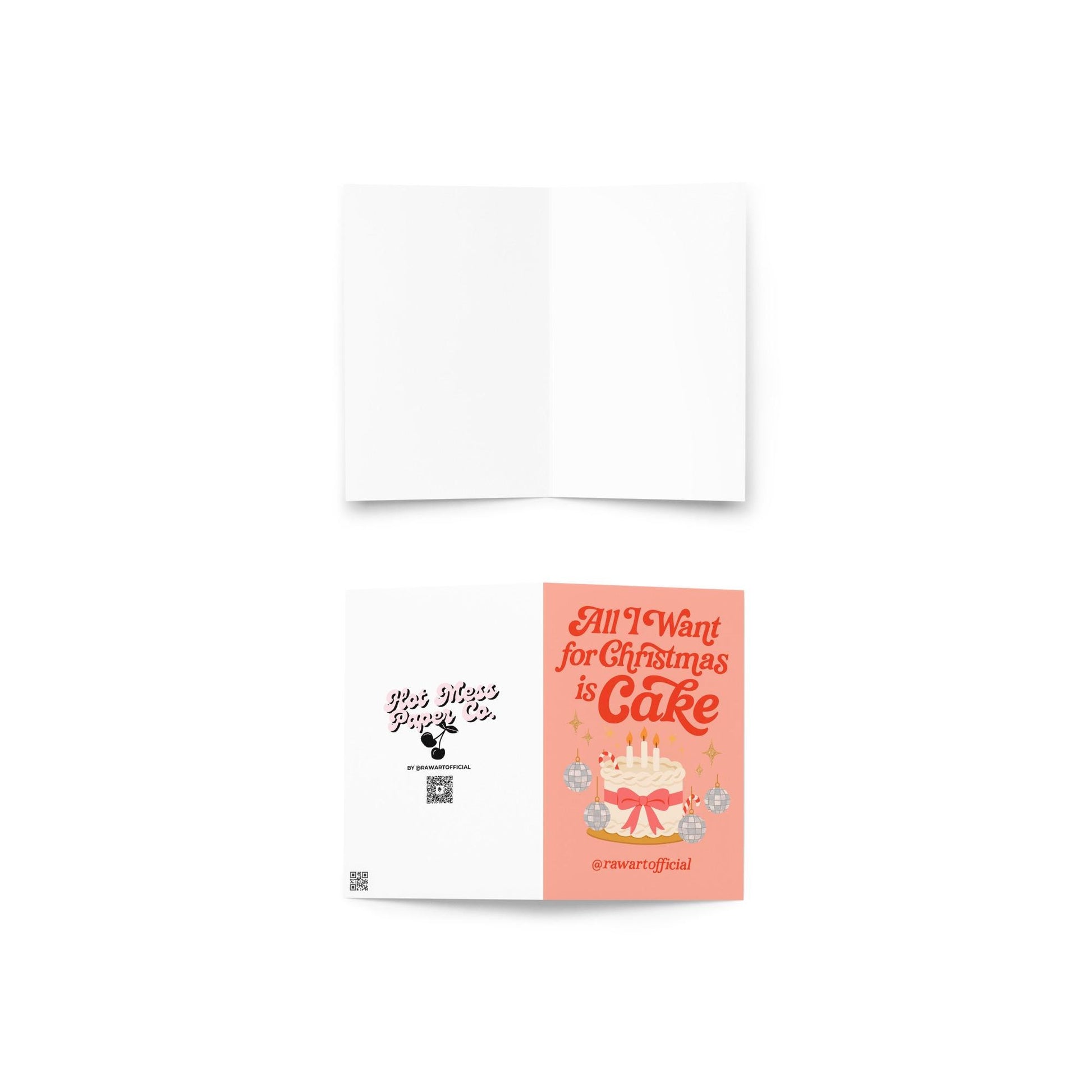 Retro pink Christmas card with the phrase “All I Want for Christmas Is Cake,” featuring a frosted white cake with a pink bow, candy canes, and disco ball ornaments on a coral background.
