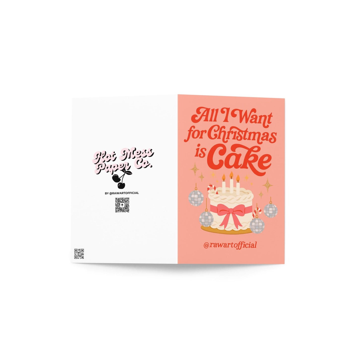 Retro pink Christmas card with the phrase “All I Want for Christmas Is Cake,” featuring a frosted white cake with a pink bow, candy canes, and disco ball ornaments on a coral background.