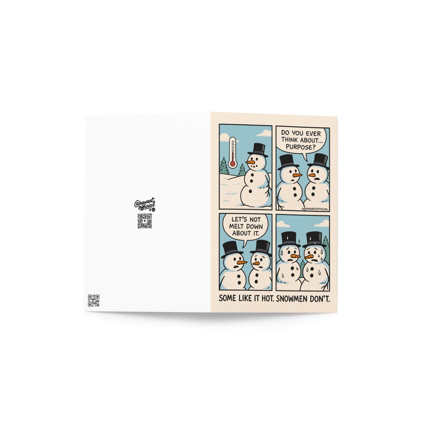 Funny retro Christmas card featuring two cartoon snowmen having a deep conversation about purpose, ending with the punchline “Some like it hot. Snowmen don’t.” on a beige background with blue skies and snow.