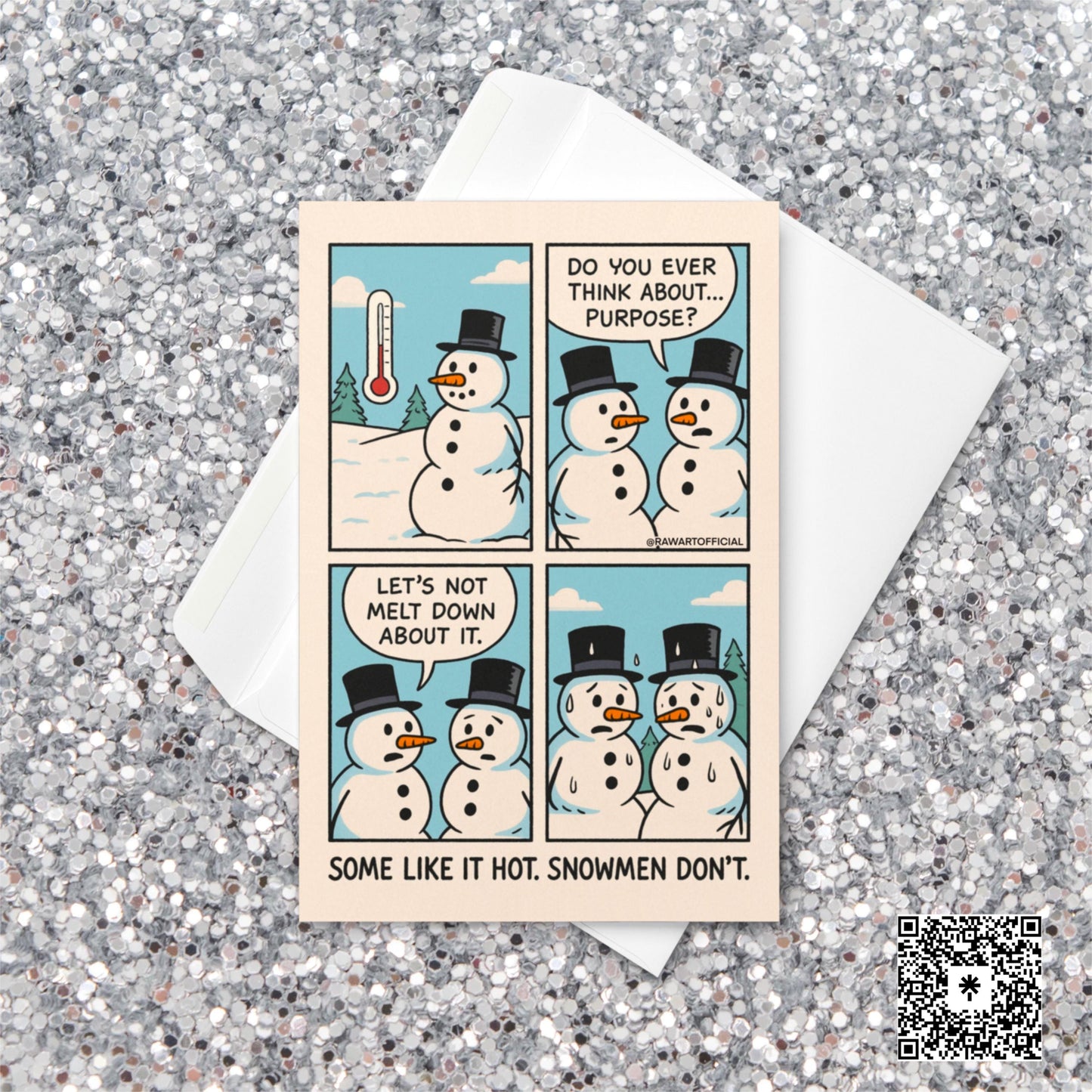 Funny retro Christmas card featuring two cartoon snowmen having a deep conversation about purpose, ending with the punchline “Some like it hot. Snowmen don’t.” on a beige background with blue skies and snow.