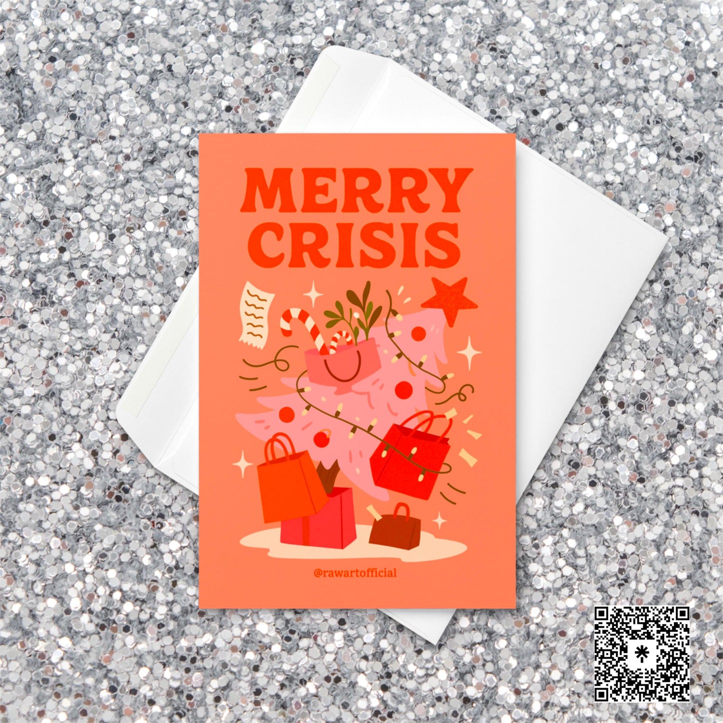 Peach-toned Christmas card featuring a pink holiday tree covered in shopping bags, candy canes, and receipts with the phrase “Merry Crisis” in bold red text at the top.