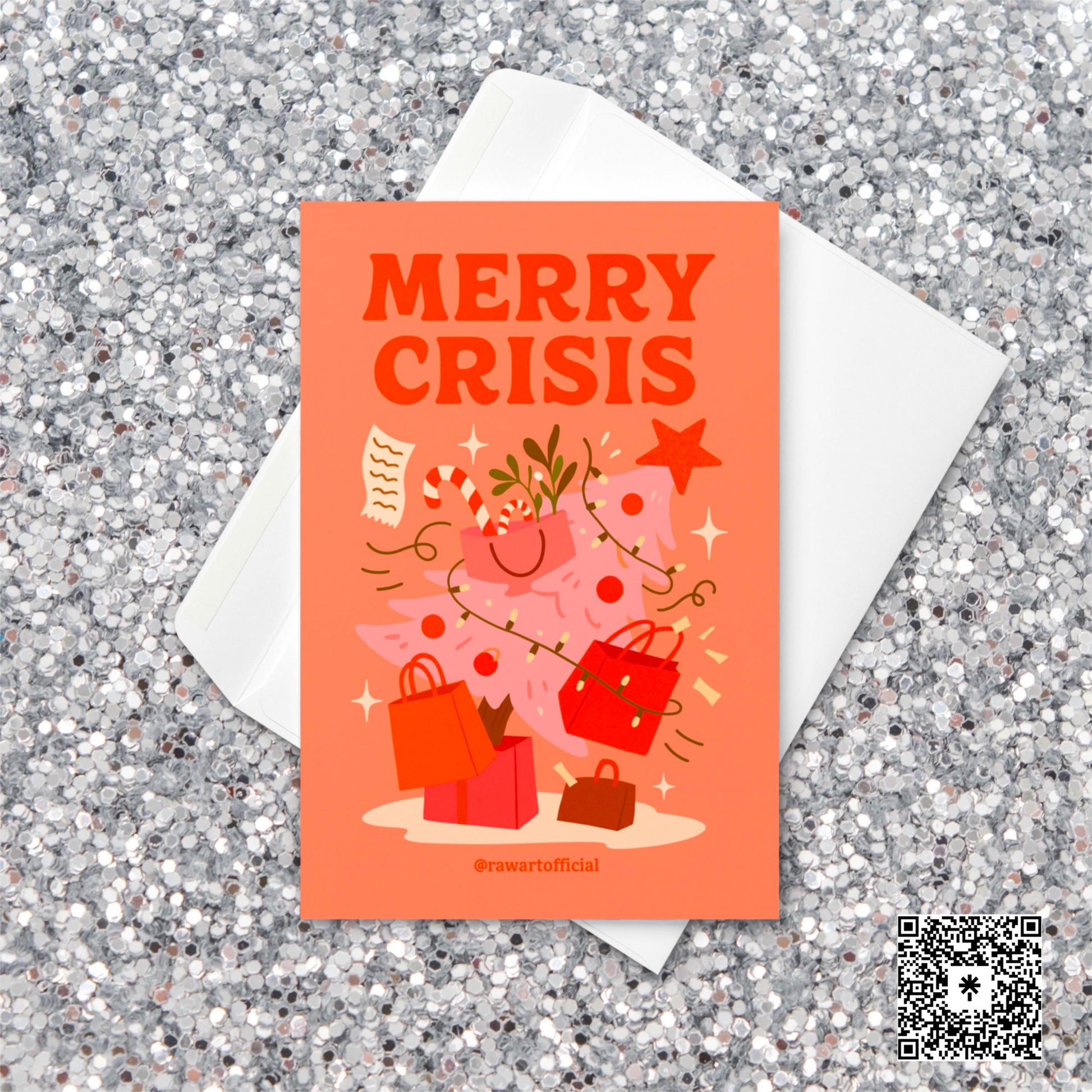 Peach-toned Christmas card featuring a pink holiday tree covered in shopping bags, candy canes, and receipts with the phrase “Merry Crisis” in bold red text at the top.