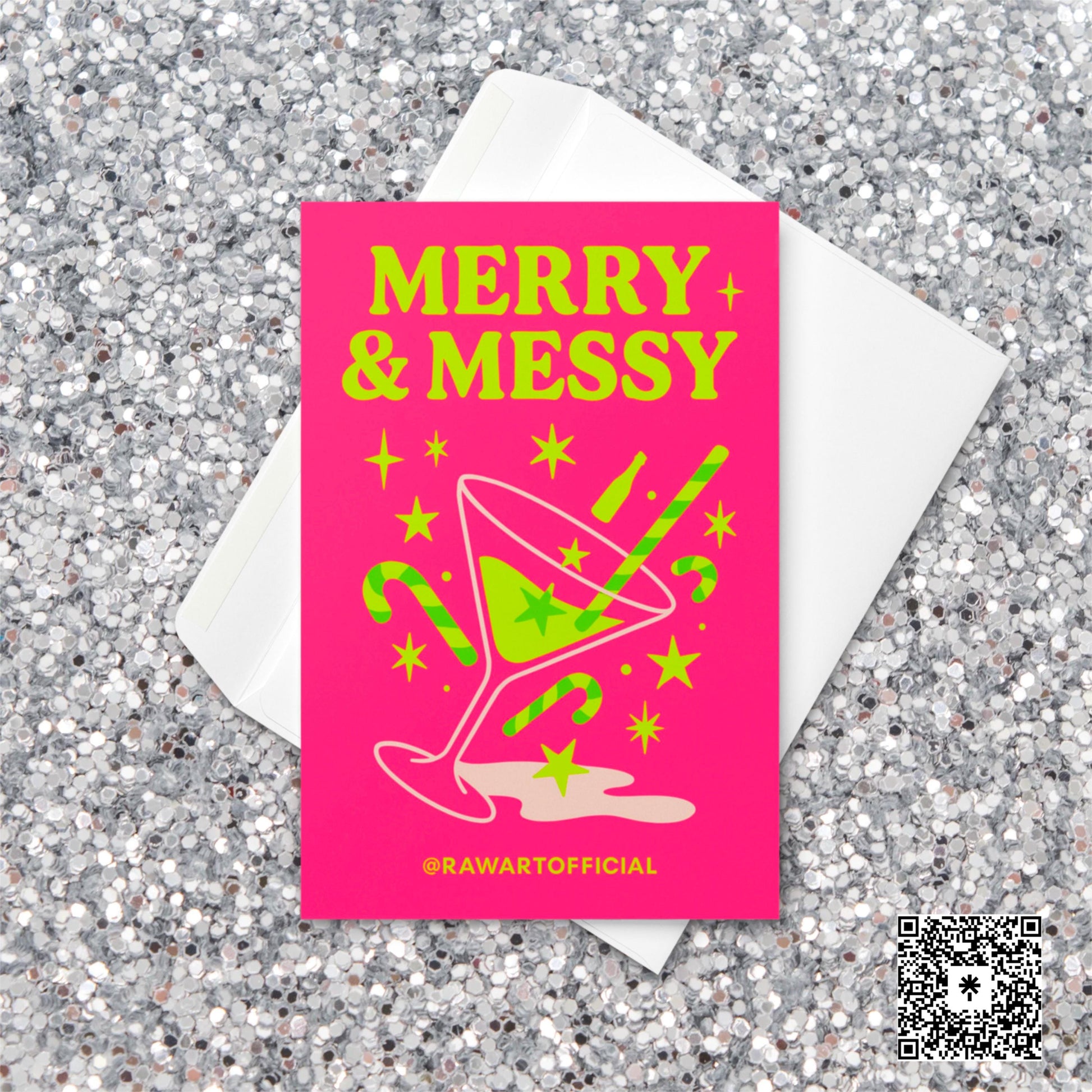 Neon Christmas card with a lime green martini glass tipped over on a hot pink background, surrounded by candy canes, stars, and a small bottle, with the words “Merry & Messy” in bright yellow-green text.