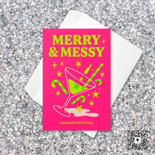 Neon Christmas card with a lime green martini glass tipped over on a hot pink background, surrounded by candy canes, stars, and a small bottle, with the words “Merry & Messy” in bright yellow-green text.