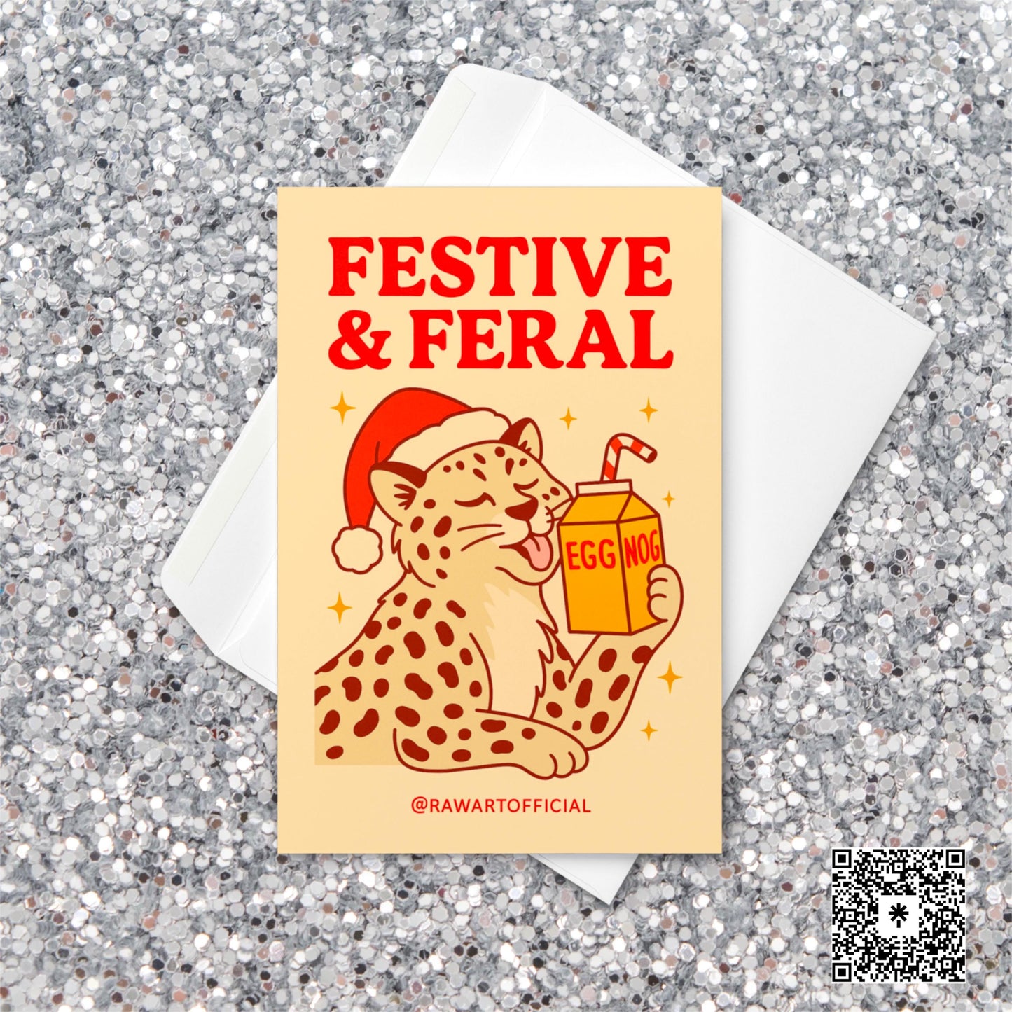 Retro Christmas card featuring a smiling leopard in a Santa hat drinking eggnog from a carton with a red straw on a warm beige background, surrounded by golden stars.