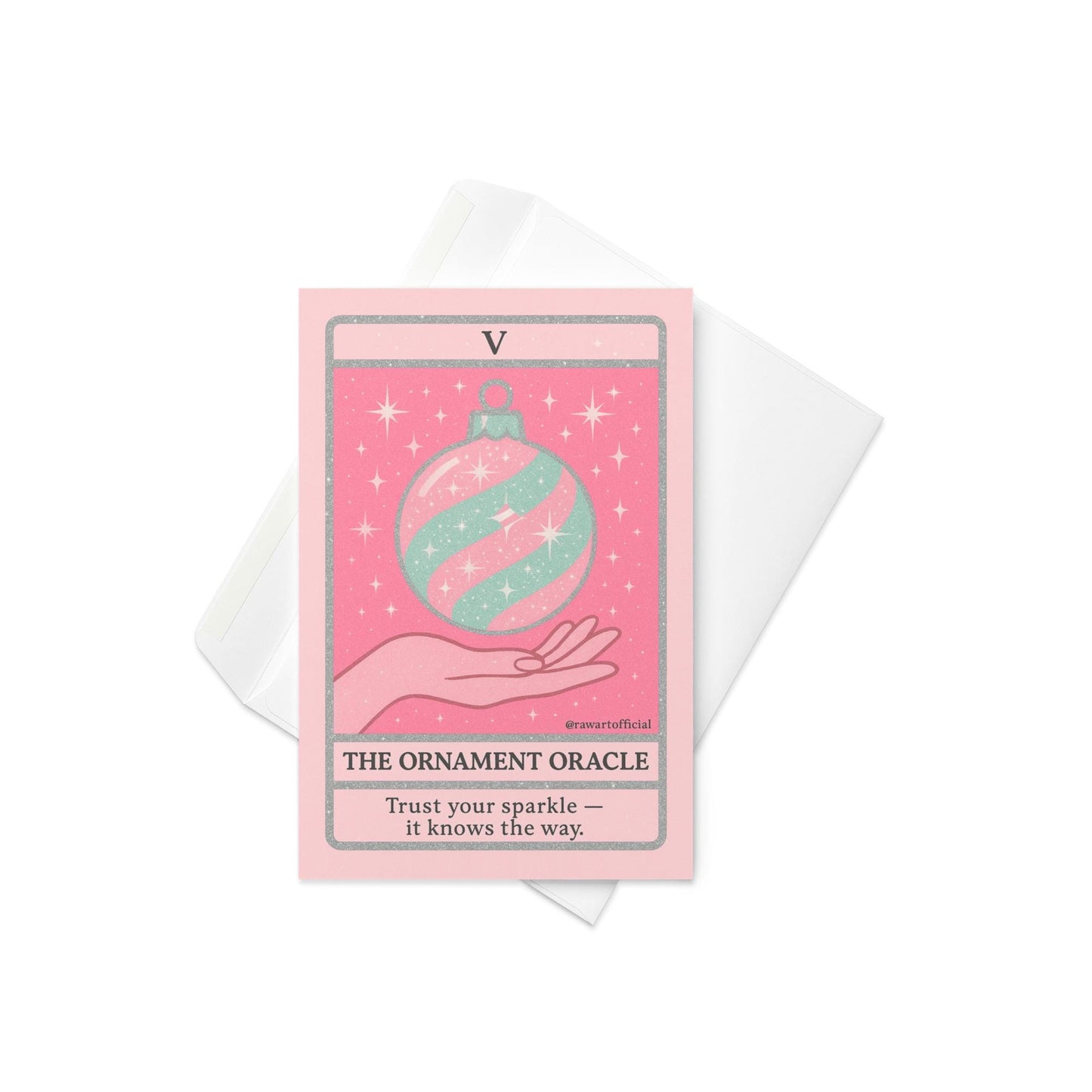 Pastel pink and mint Christmas tarot-style card featuring a sparkly striped ornament floating above a hand, titled “The Ornament Oracle” with the phrase “Trust your sparkle — it knows the way.”