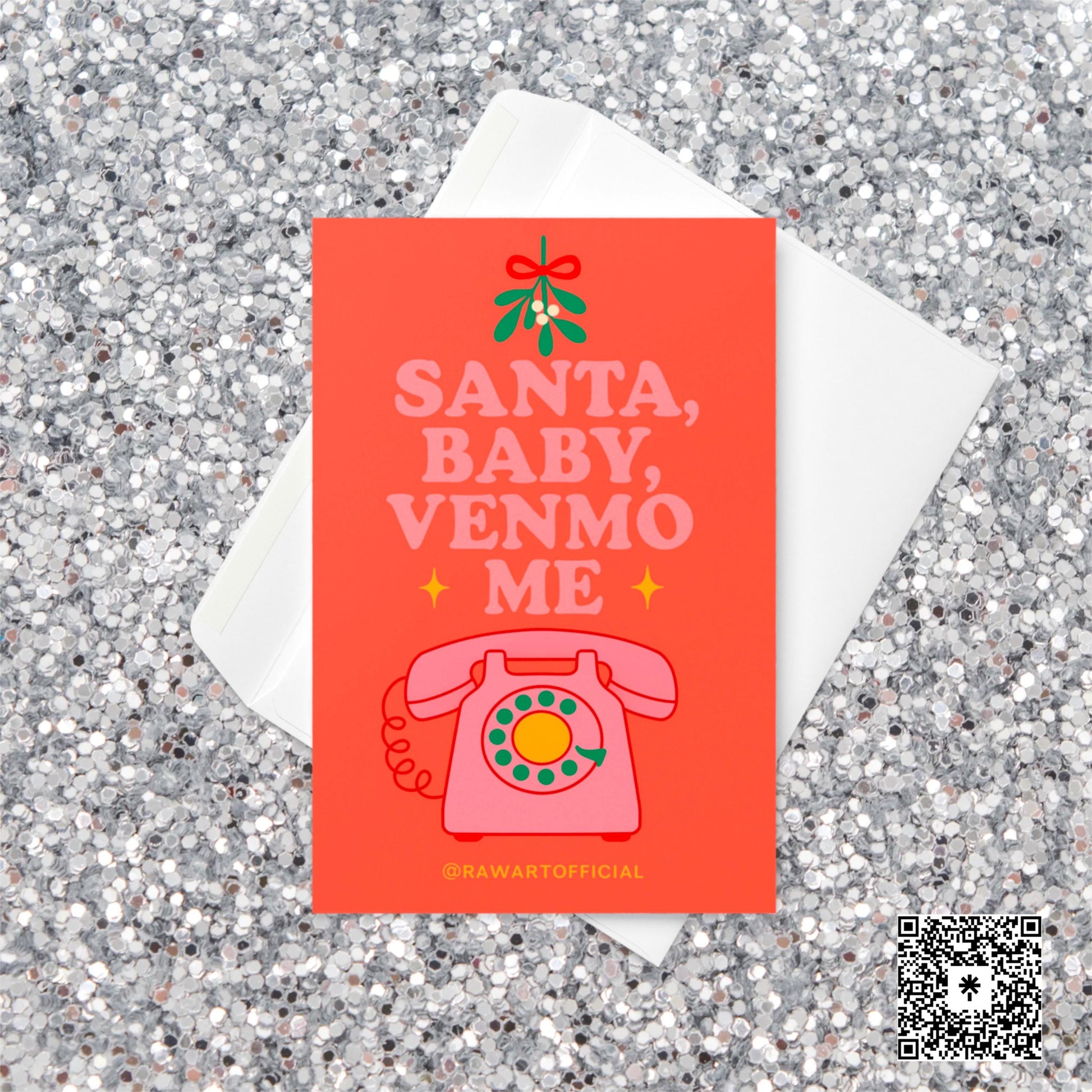 Retro “Santa Baby, Venmo Me” Christmas card with pink rotary phone and mistletoe