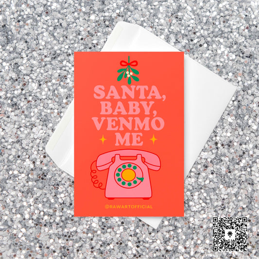 Retro “Santa Baby, Venmo Me” Christmas card with pink rotary phone and mistletoe