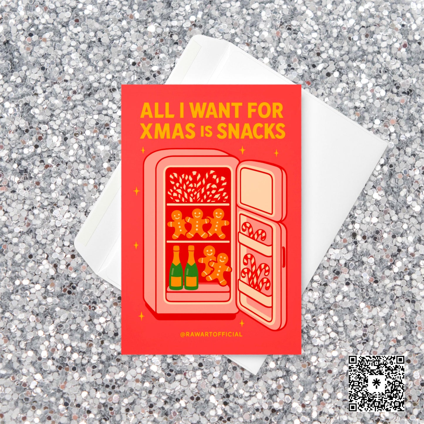 Funny Christmas card with fridge full of gingerbread cookies, candy canes, and champagne