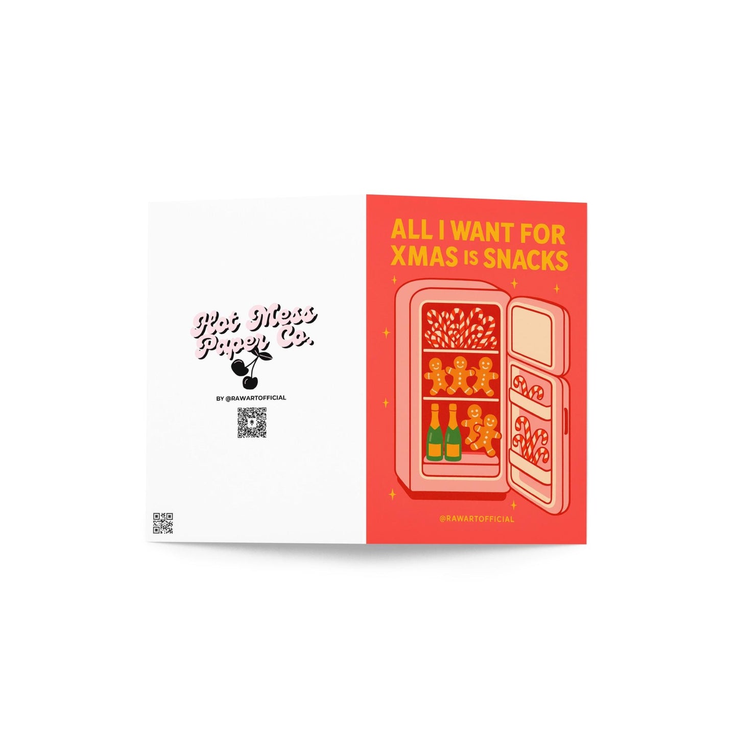 Funny Christmas card with fridge full of gingerbread cookies, candy canes, and champagne