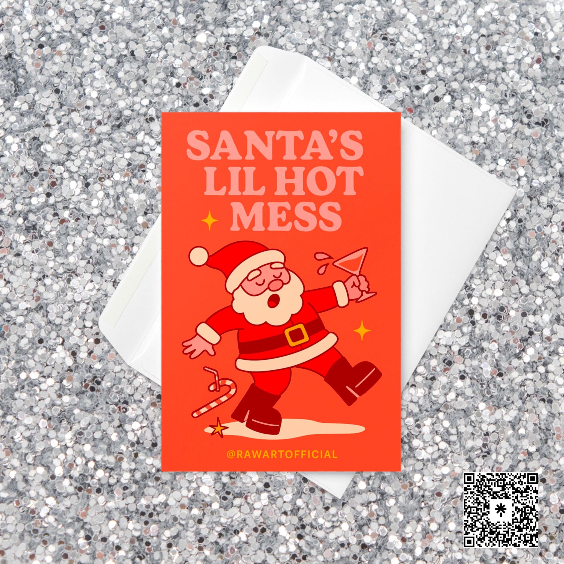 Retro funny Christmas card featuring a drunk Santa stumbling with a martini glass under the phrase “Santa’s Lil Hot Mess.”