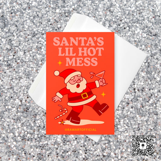 Retro funny Christmas card featuring a drunk Santa stumbling with a martini glass under the phrase “Santa’s Lil Hot Mess.”