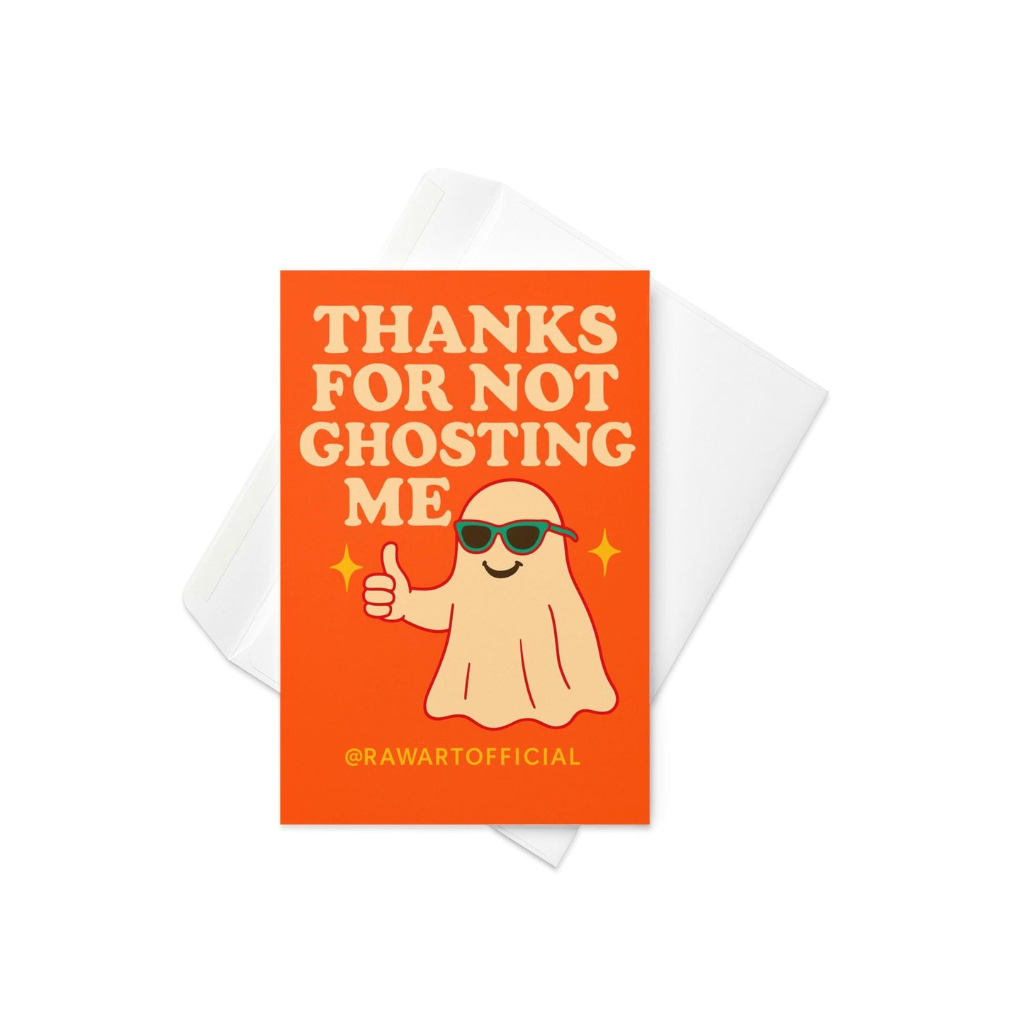 Retro ghost thank you card with sunglasses and “Thanks For Not Ghosting Me” text.
